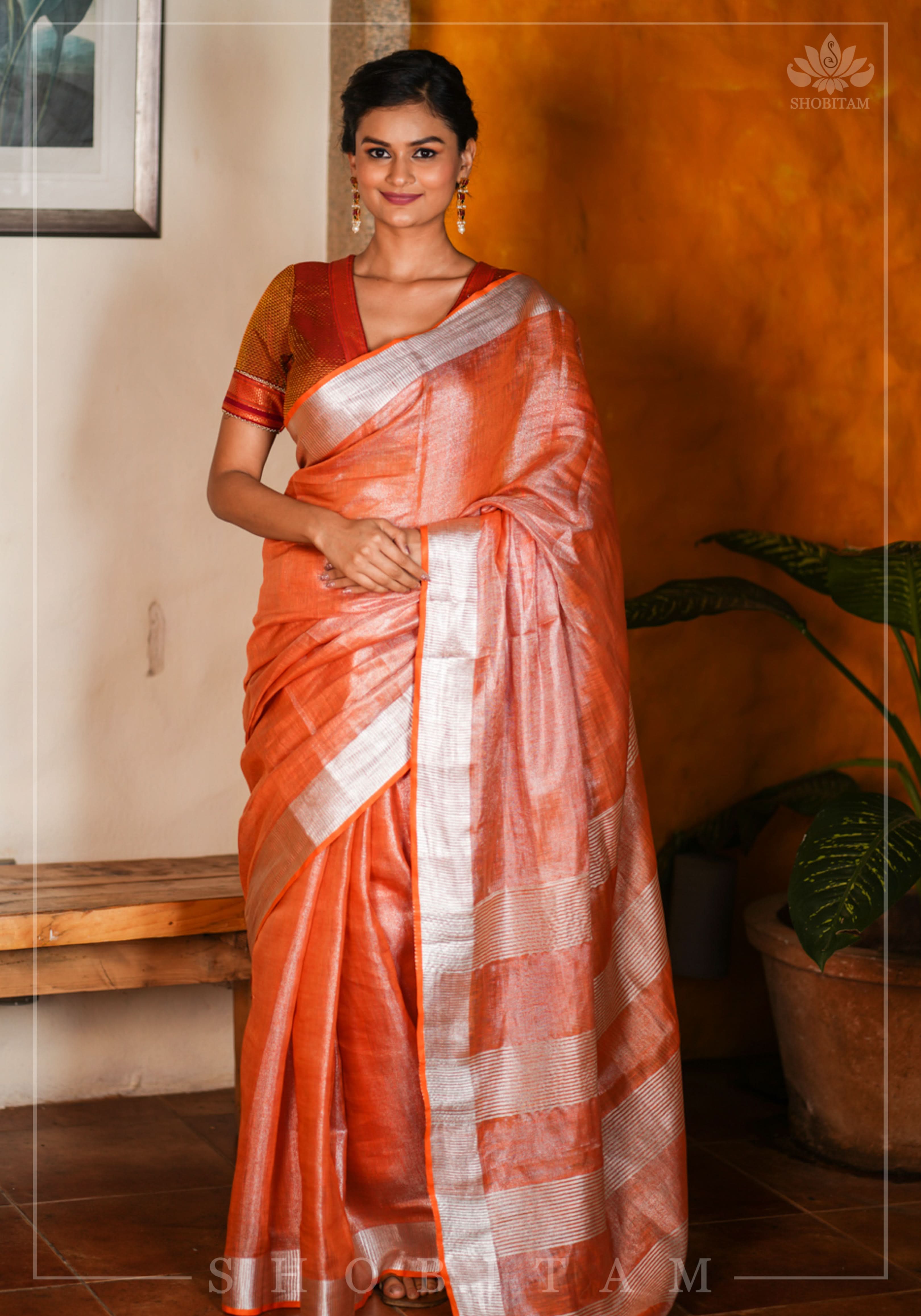 Burnt Orange and Silver Tissue by Linen Saree | Shobitam