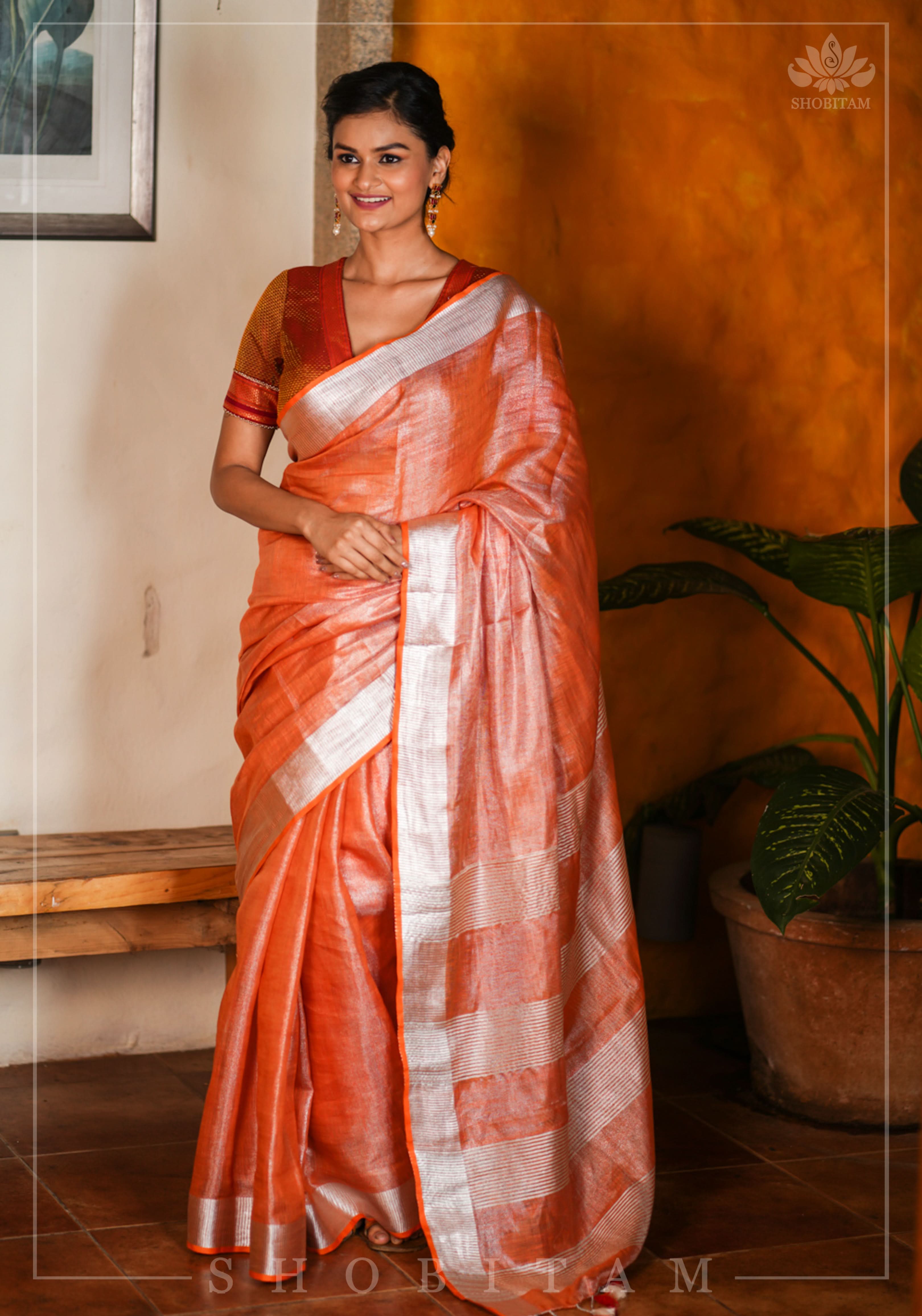 Burnt Orange and Silver Tissue by Linen Saree | Shobitam