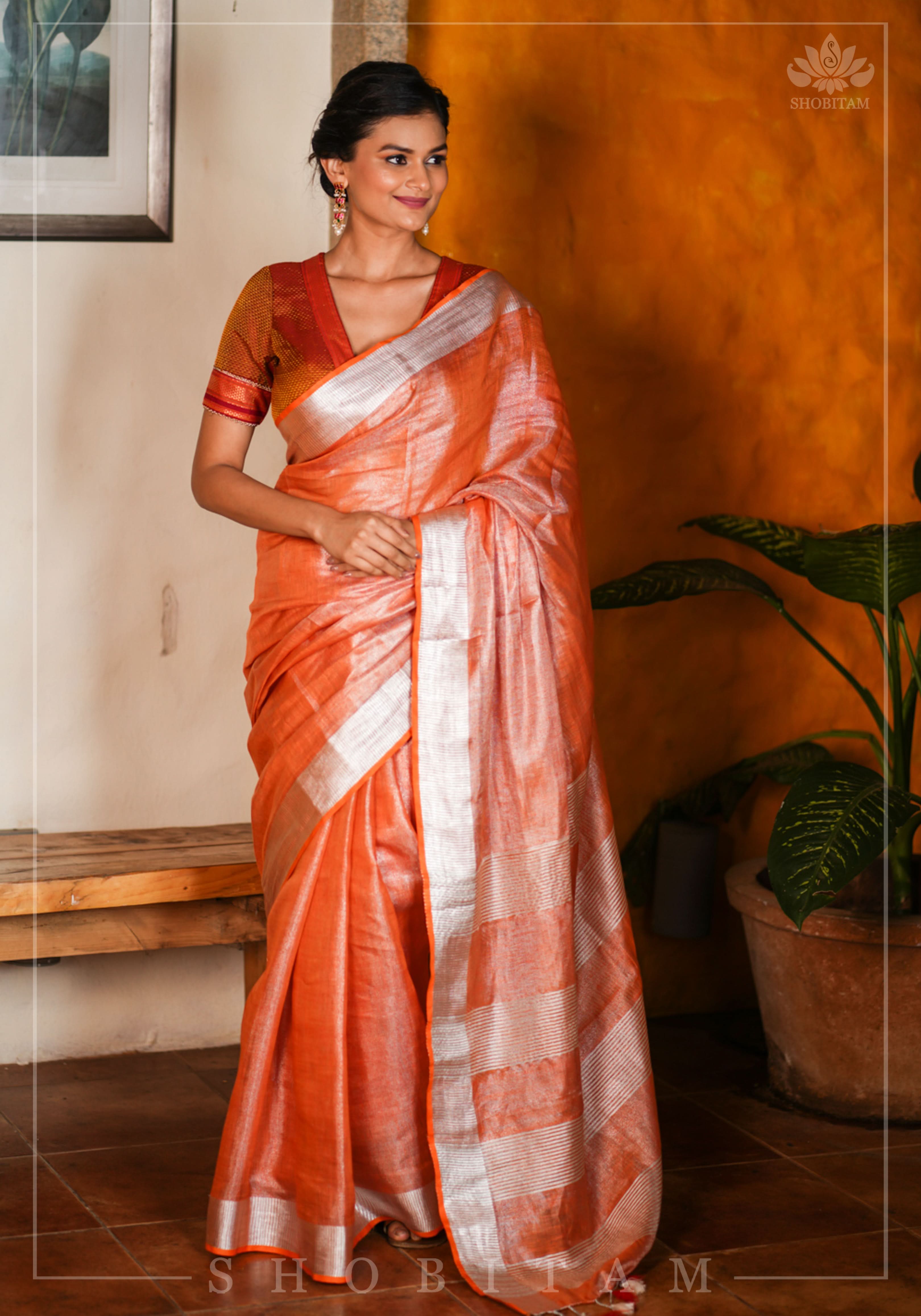 Burnt Orange and Silver Tissue by Linen Saree | Shobitam