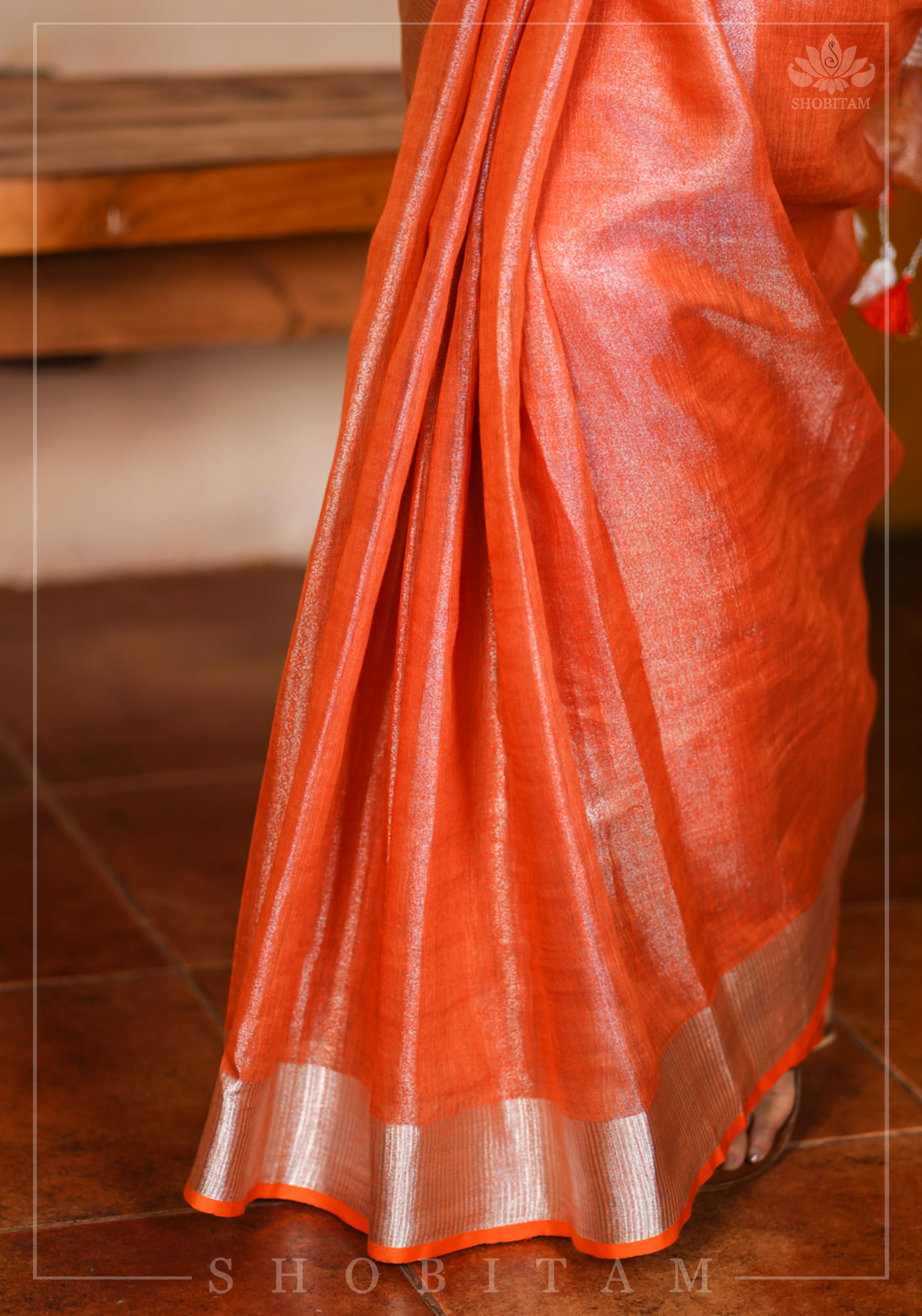 Burnt Orange and Silver Tissue by Linen Saree | Shobitam
