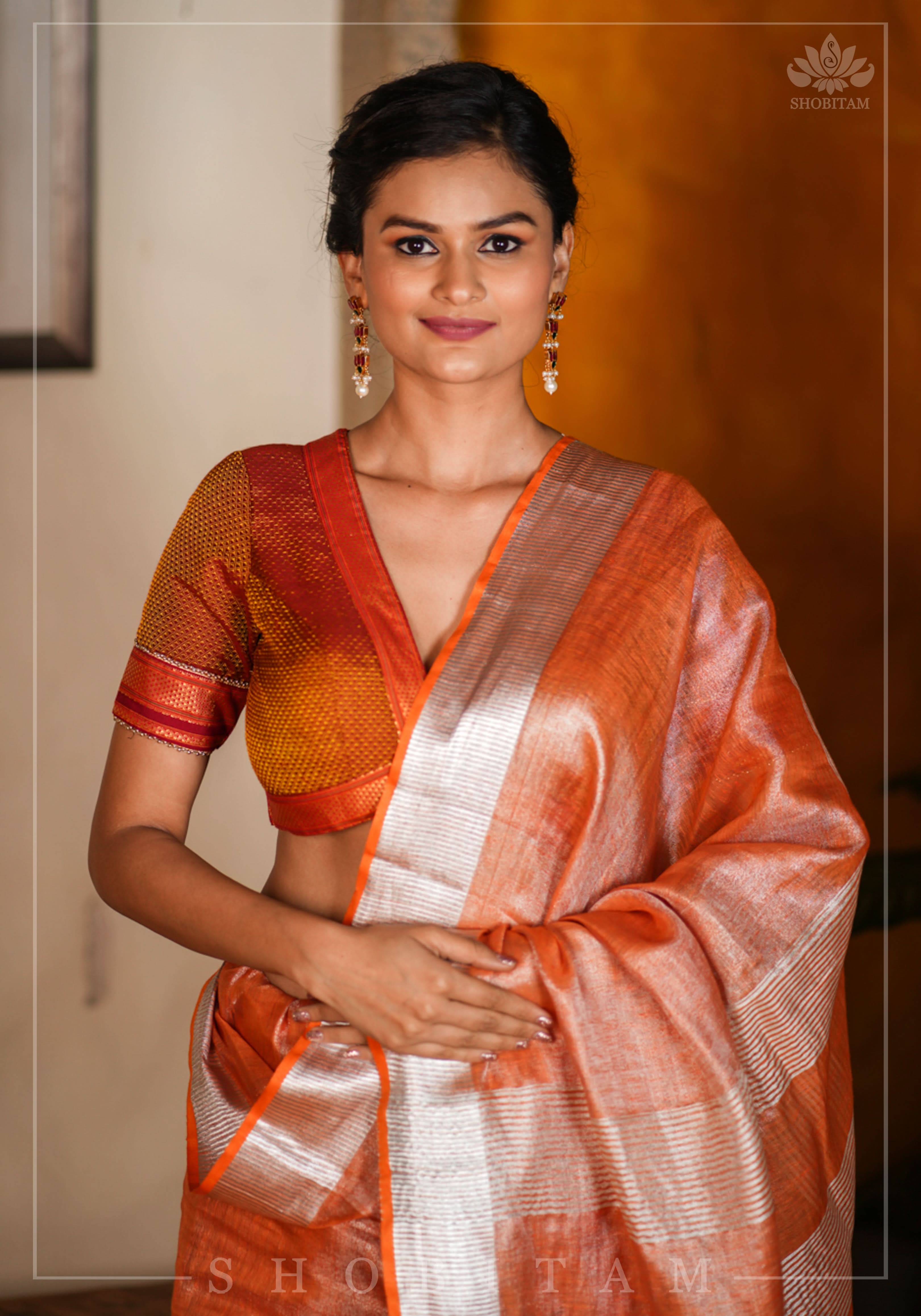 Burnt Orange and Silver Tissue by Linen Saree | Shobitam