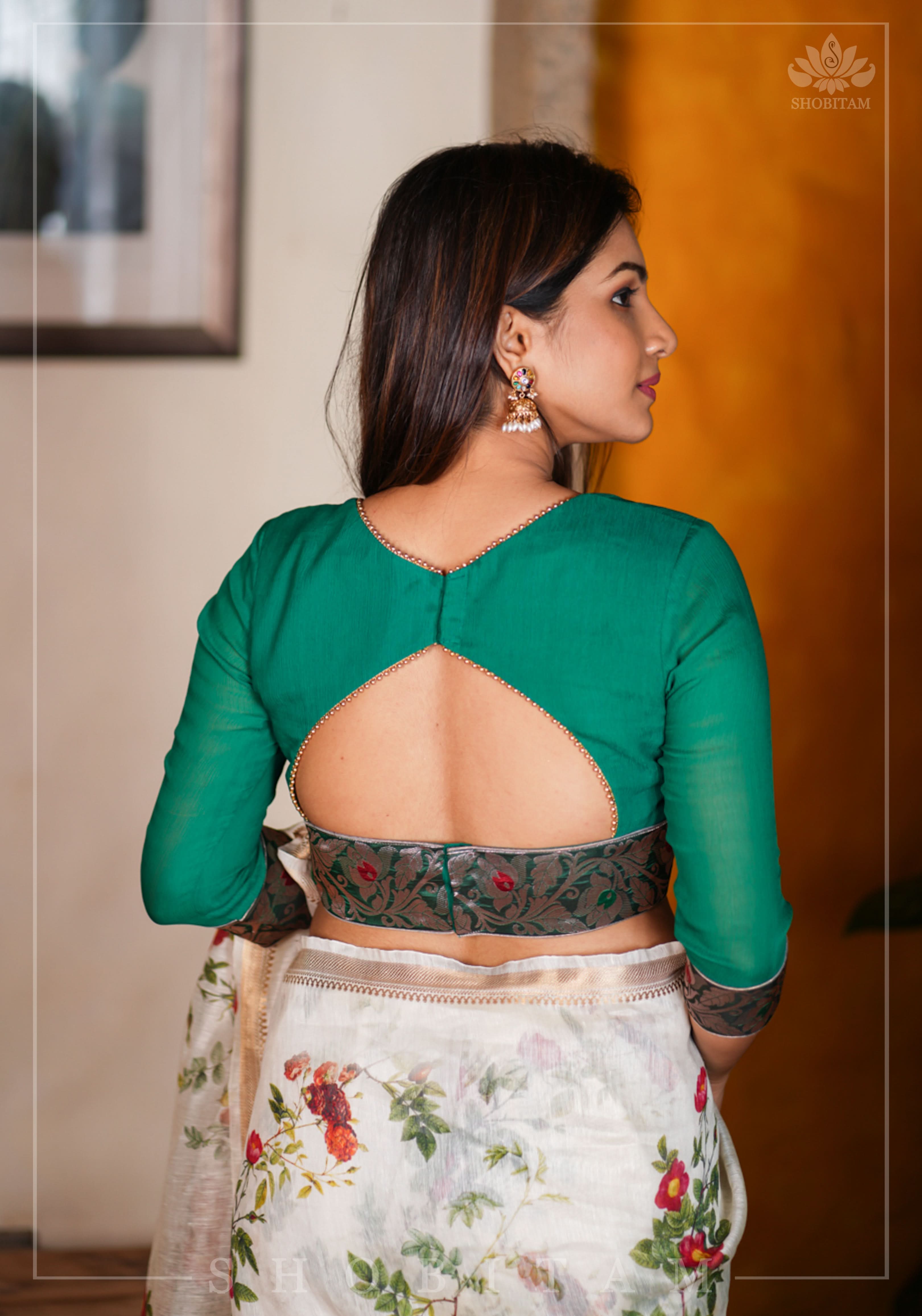 Rama green pure chiffon blouse with brocade detailing and sheer sleeves | Shobitam