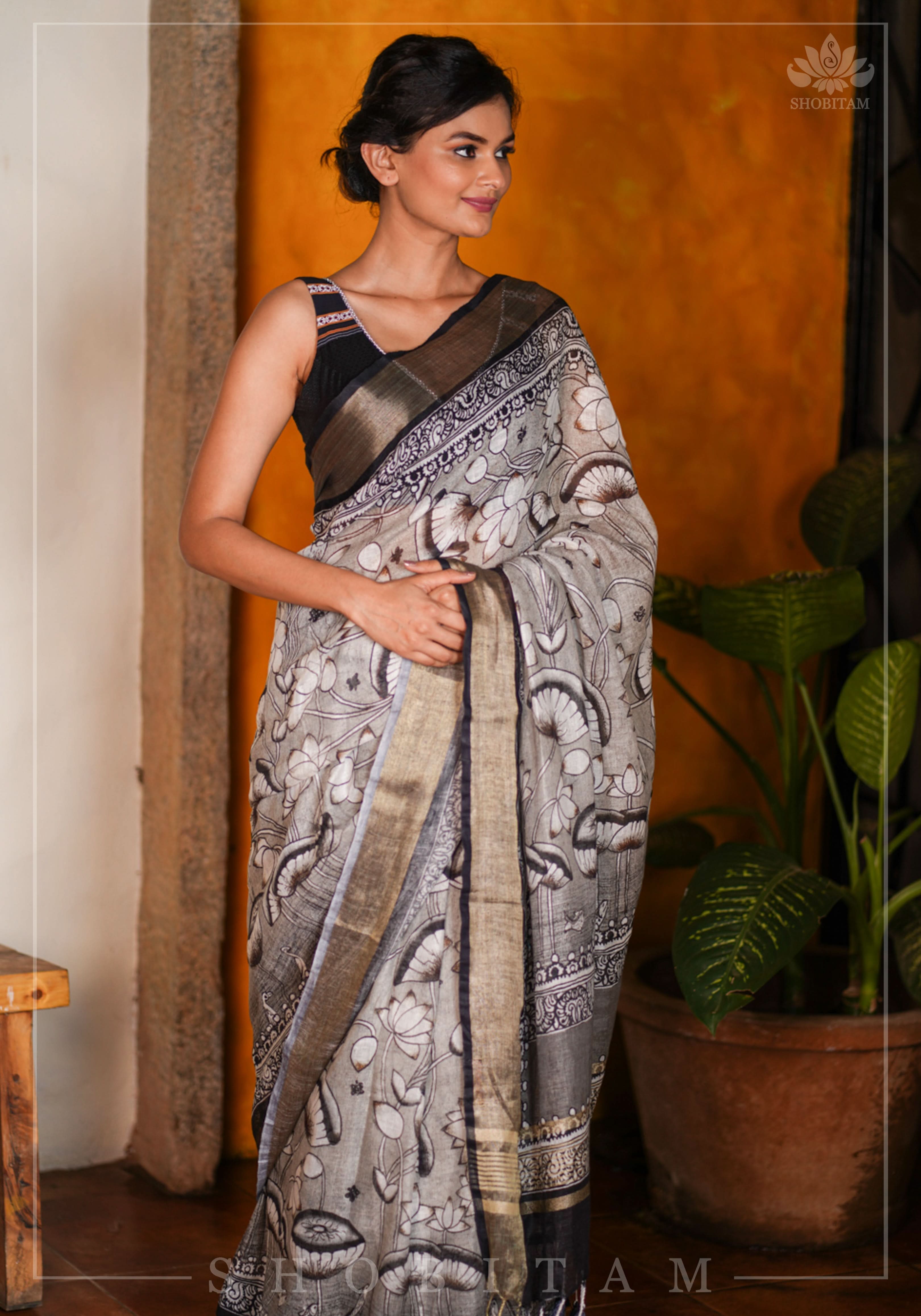 Pichwai DigitaI Print on Pure Linen by Linen Saree in Gray | Shobitam