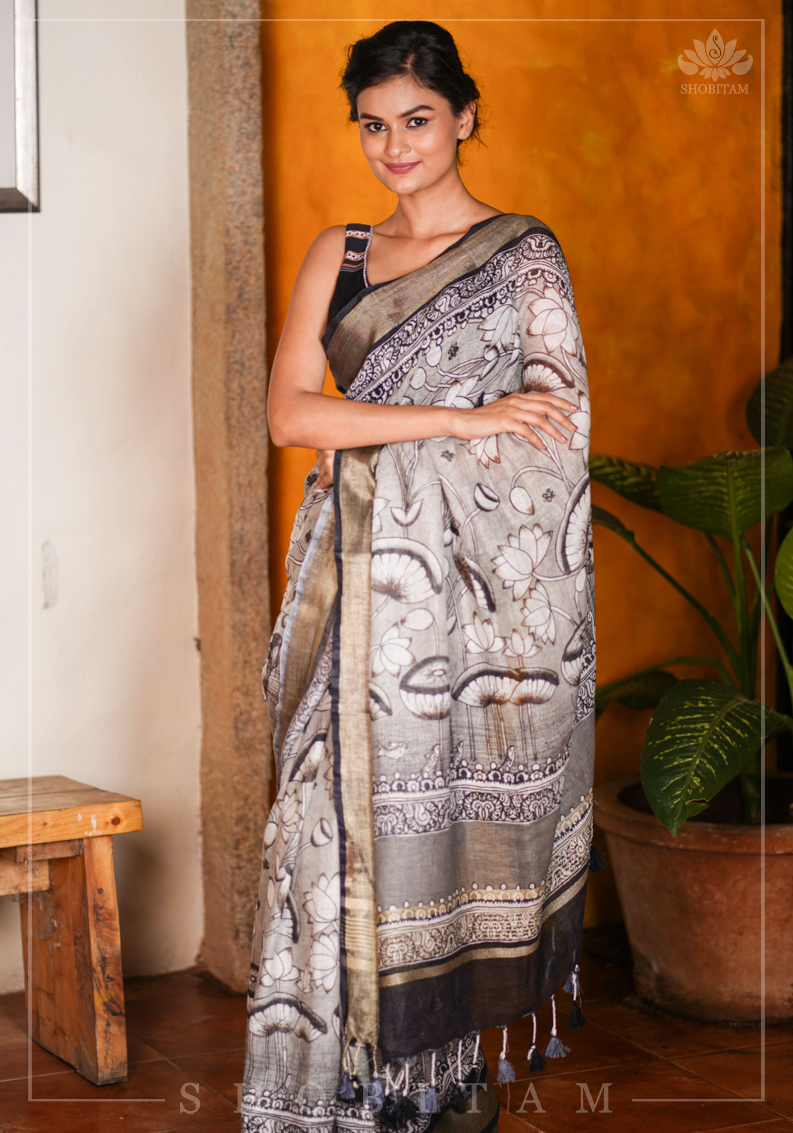 Pichwai DigitaI Print on Pure Linen by Linen Saree in Gray | Shobitam
