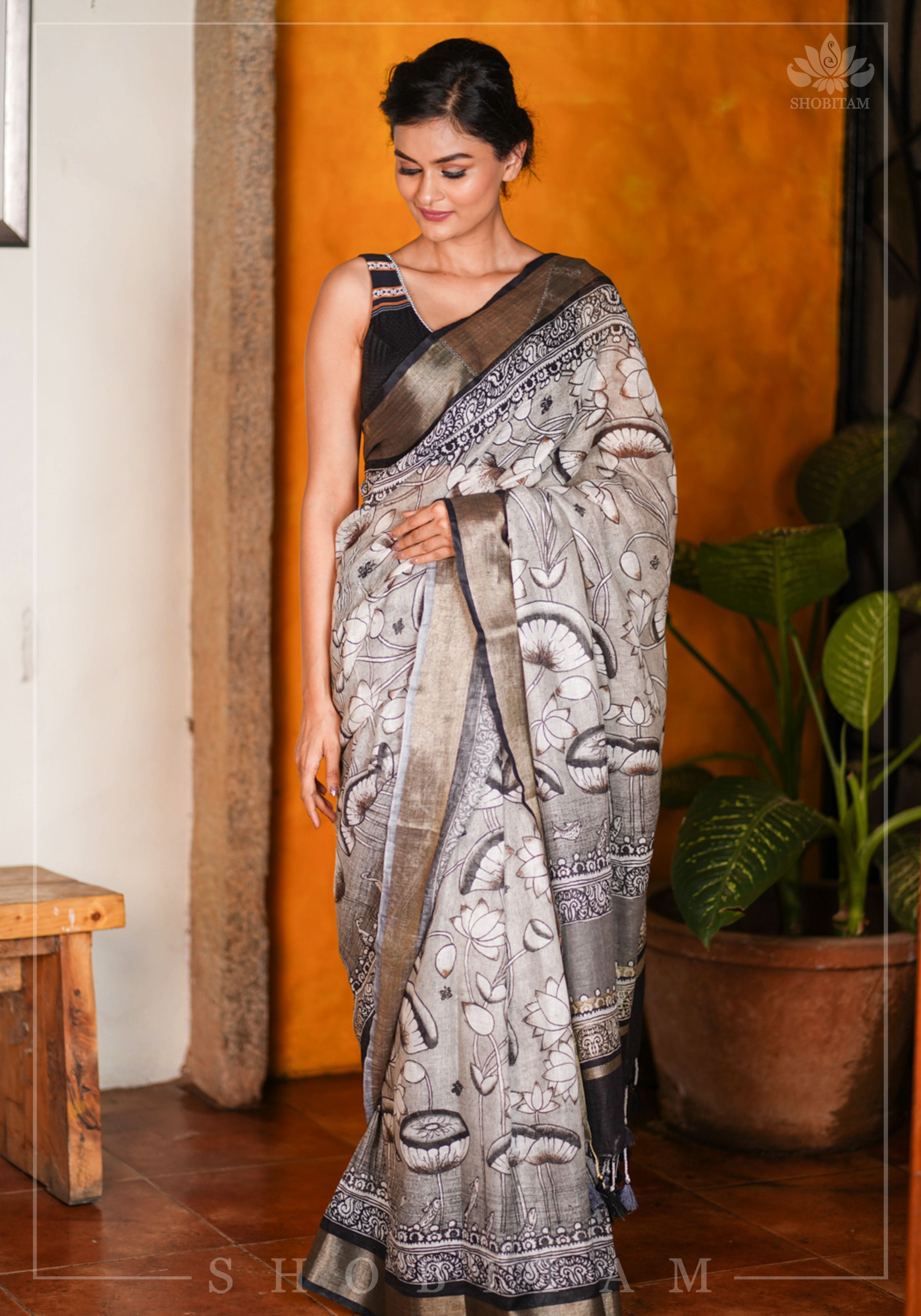 Pichwai DigitaI Print on Pure Linen by Linen Saree in Gray | Shobitam