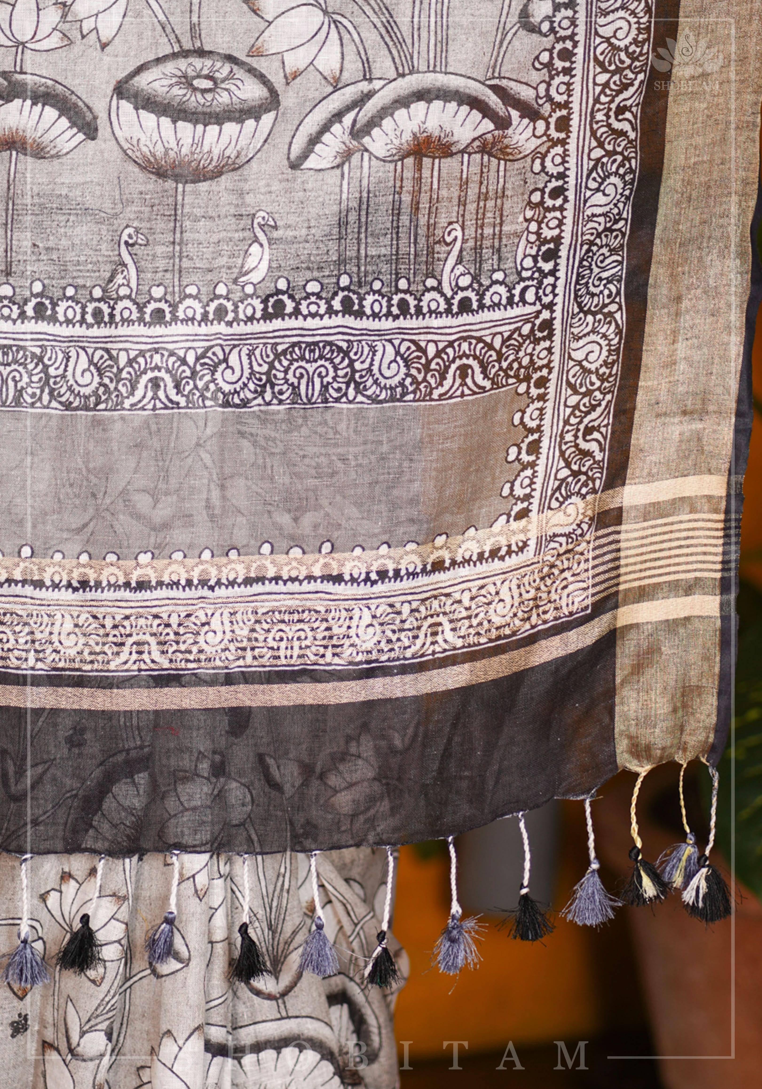 Pichwai DigitaI Print on Pure Linen by Linen Saree in Gray | Shobitam