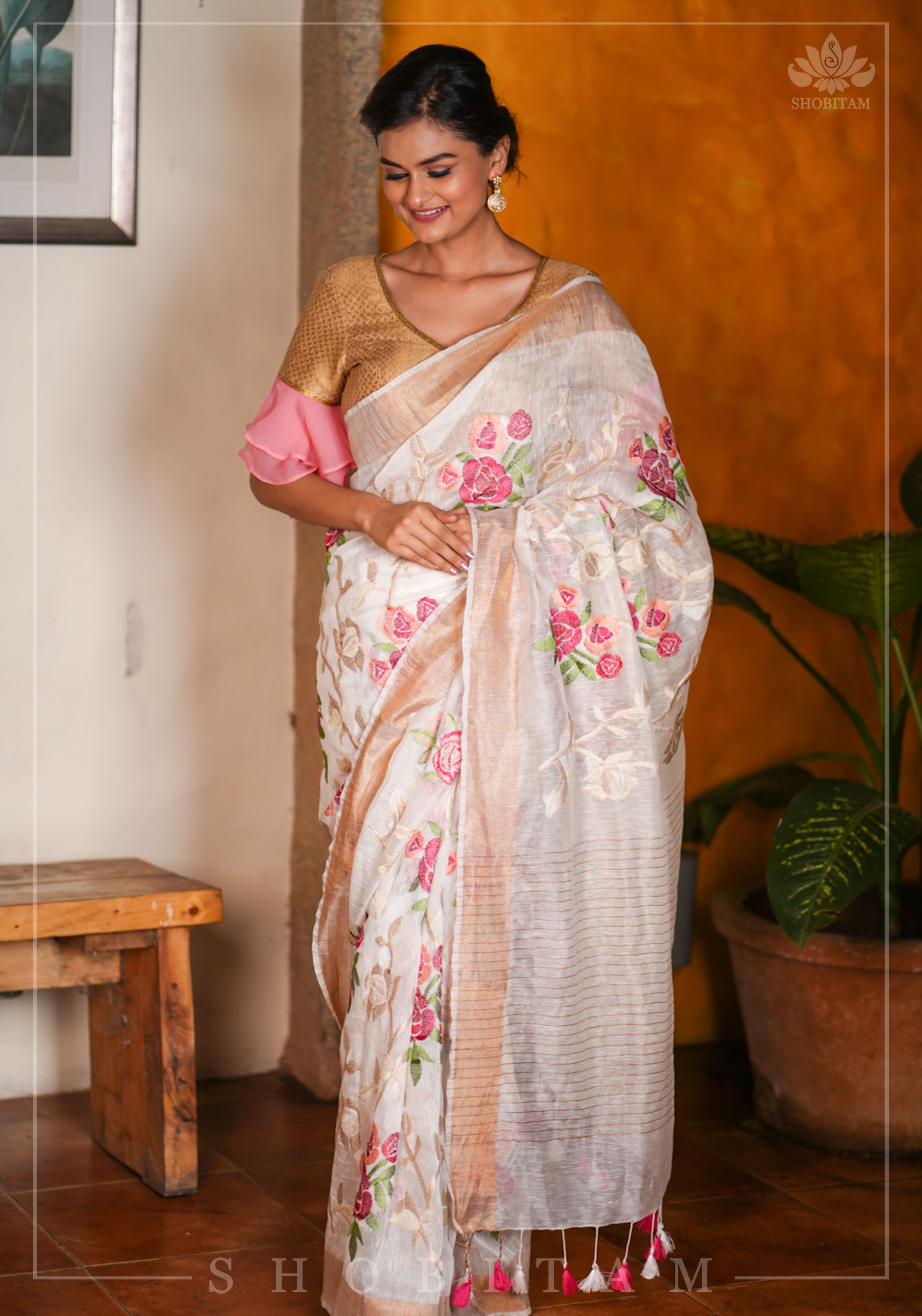 Silk Linen Roses Embroidery Saree - White with Zari Border | Shobitam