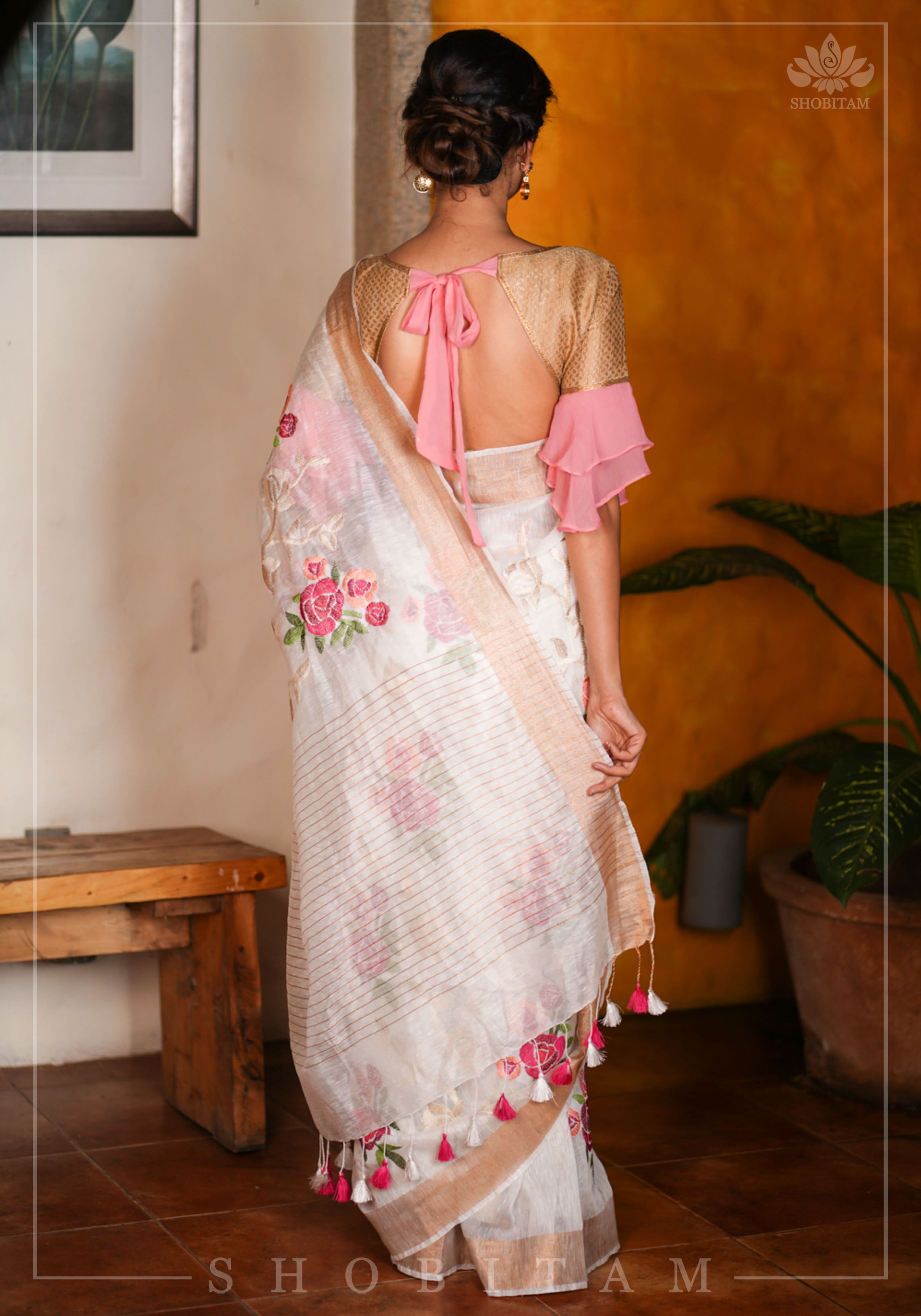 Silk Linen Roses Embroidery Saree - White with Zari Border | Shobitam