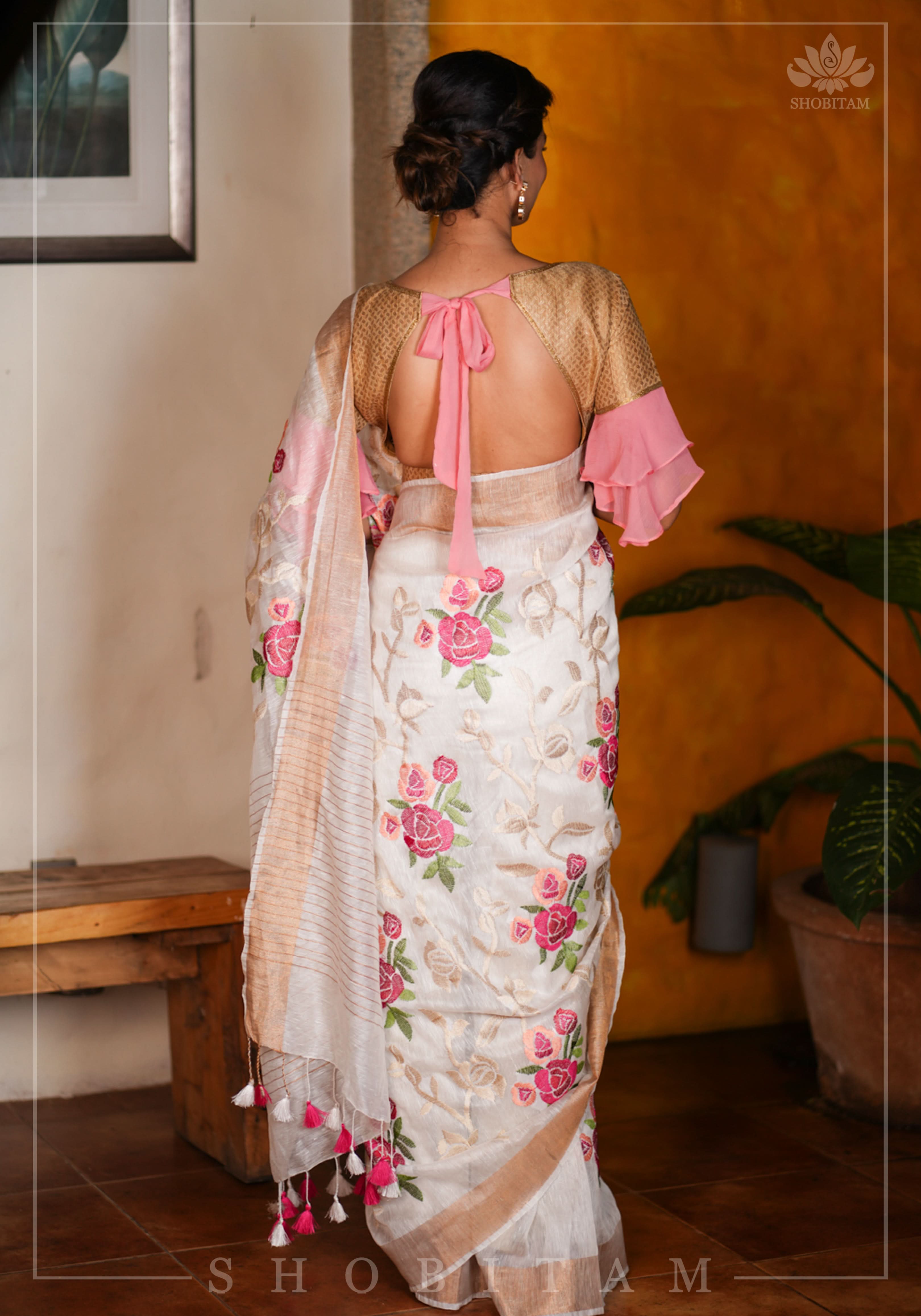 Silk Linen Roses Embroidery Saree - White with Zari Border | Shobitam