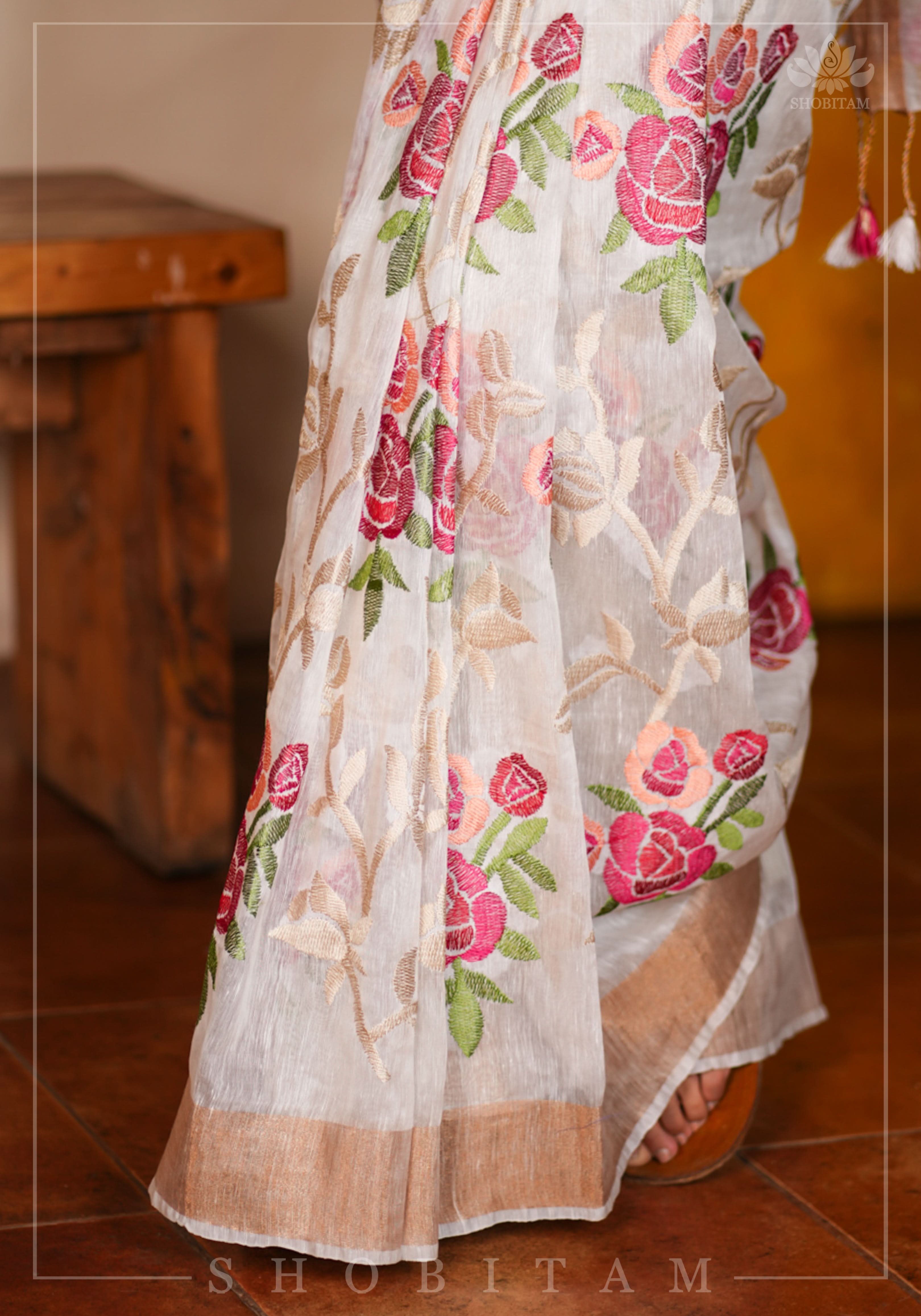 Silk Linen Roses Embroidery Saree - White with Zari Border | Shobitam