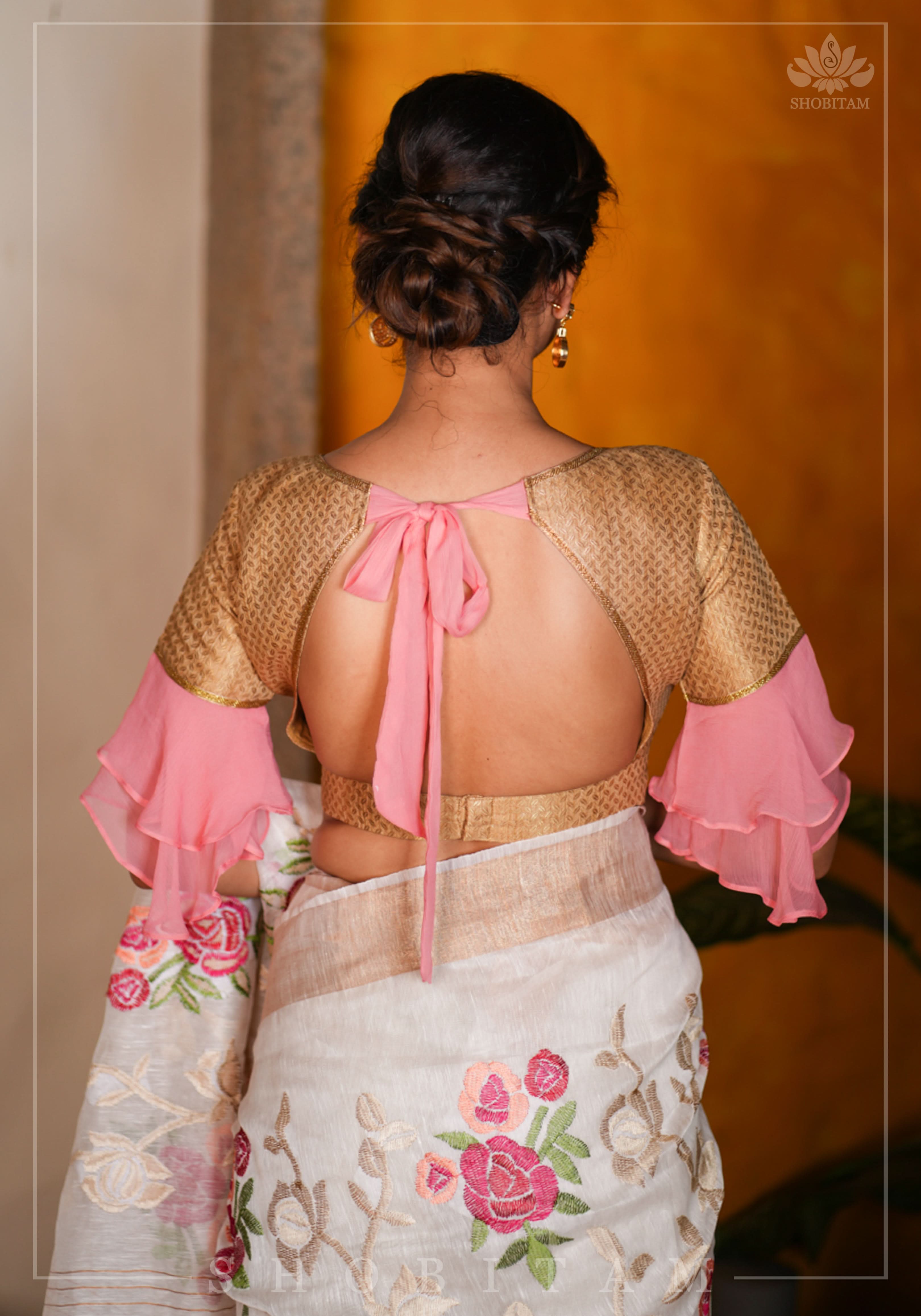 Gold brocade & peach pink chiffon ruffle V neck blouse | Shobitam