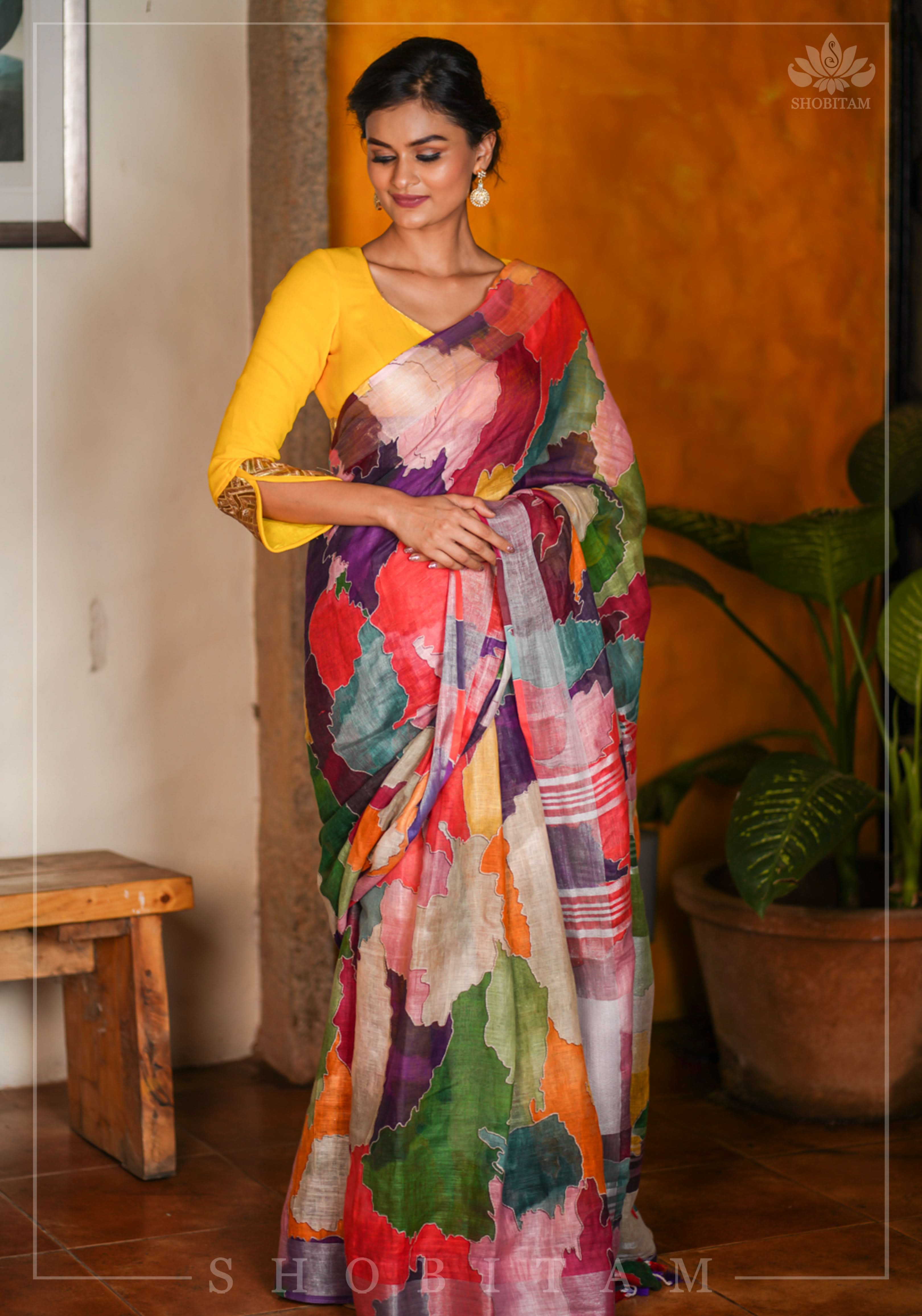 Abstract Print Multicolor Linen by Linen Saree with Zari Border