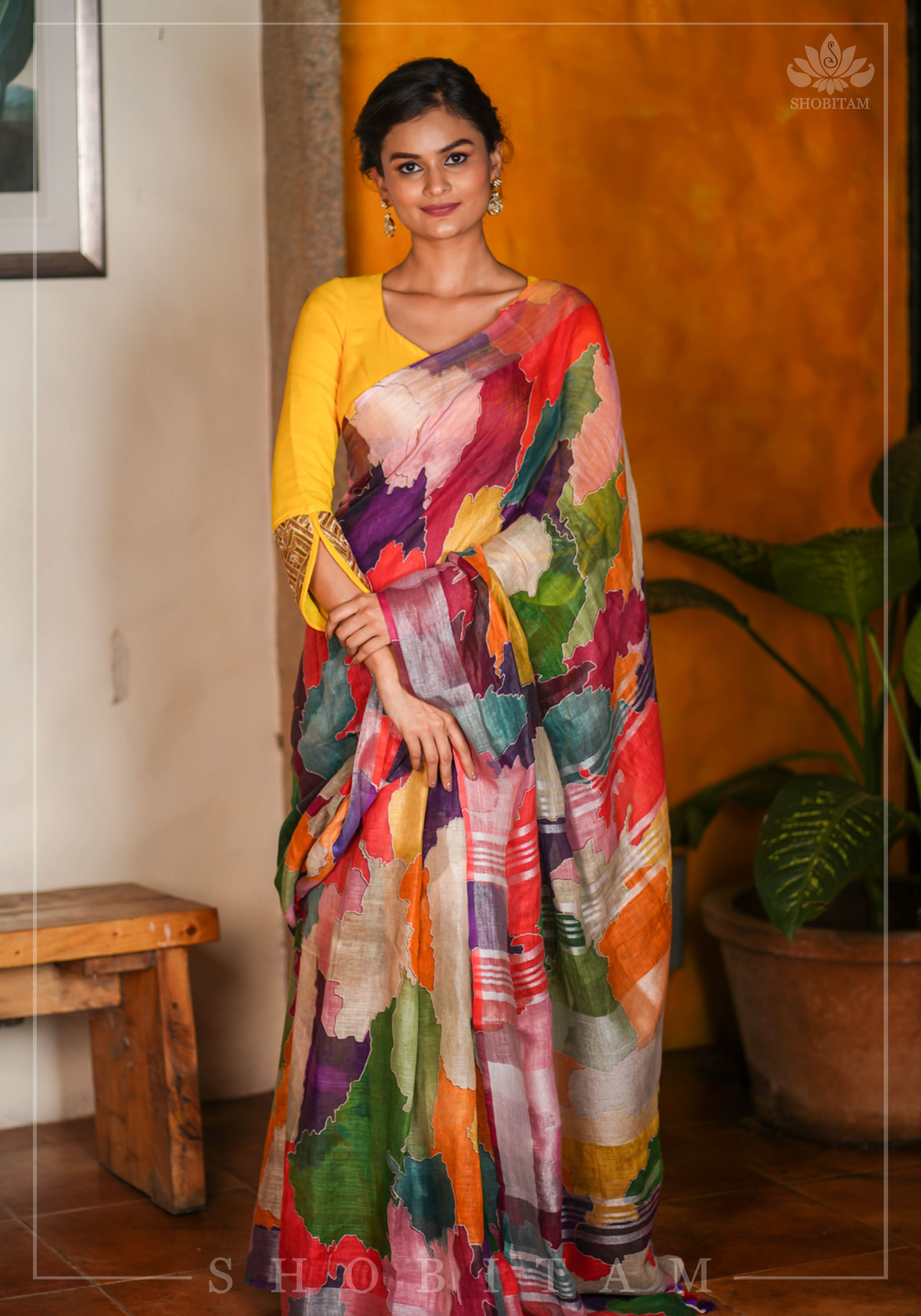 Abstract Print Multicolor Linen by Linen Saree with Zari Border