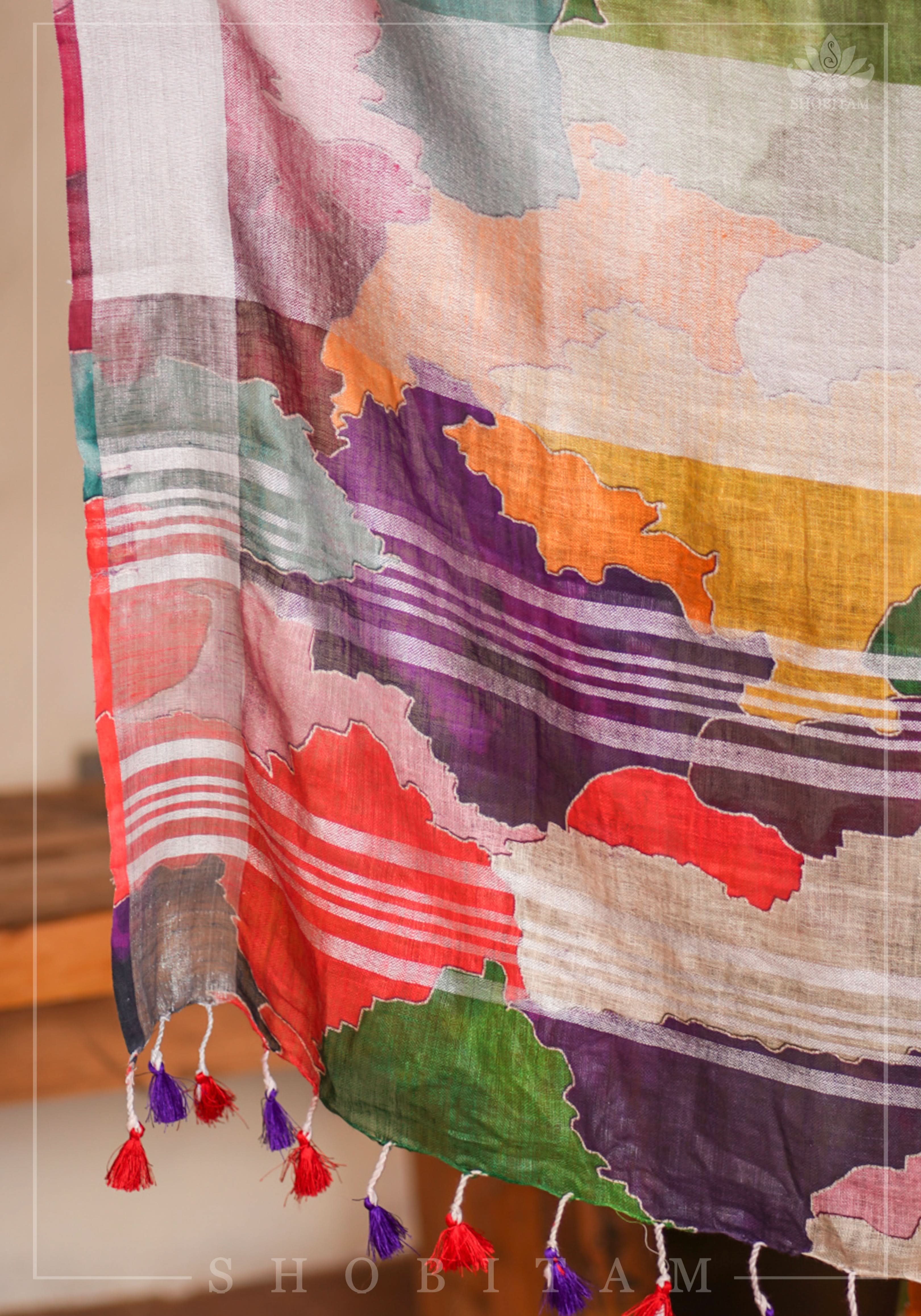 Abstract Print Multicolor Linen by Linen Saree with Zari Border