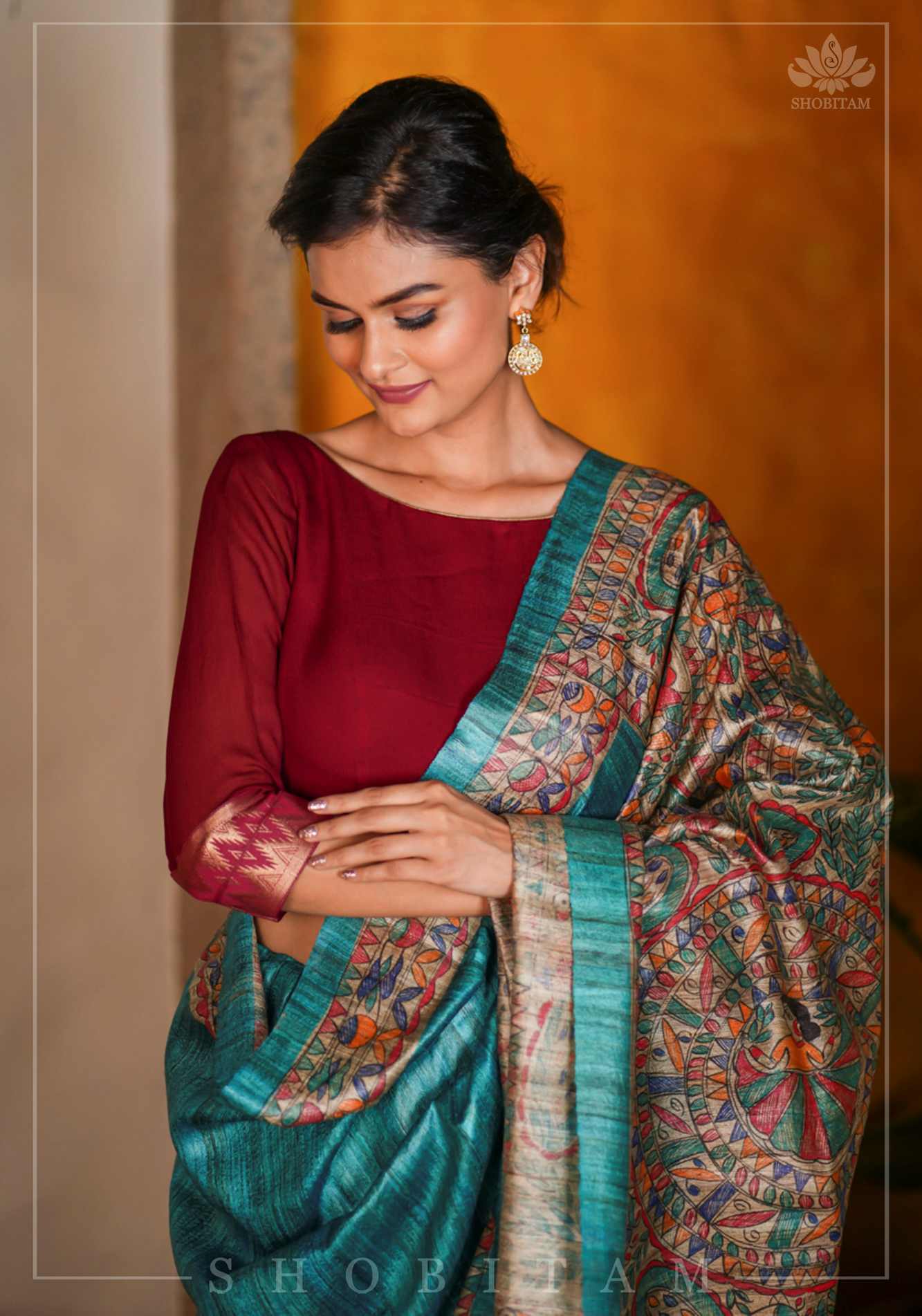 Maroon Boatneck Blouse in Chiffon with zari detailing