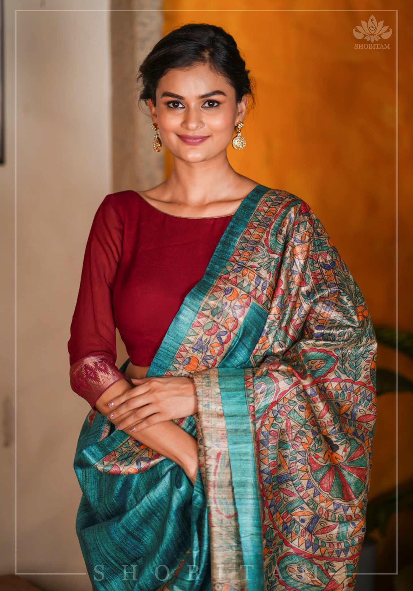 Maroon Boatneck Blouse in Chiffon with zari detailing