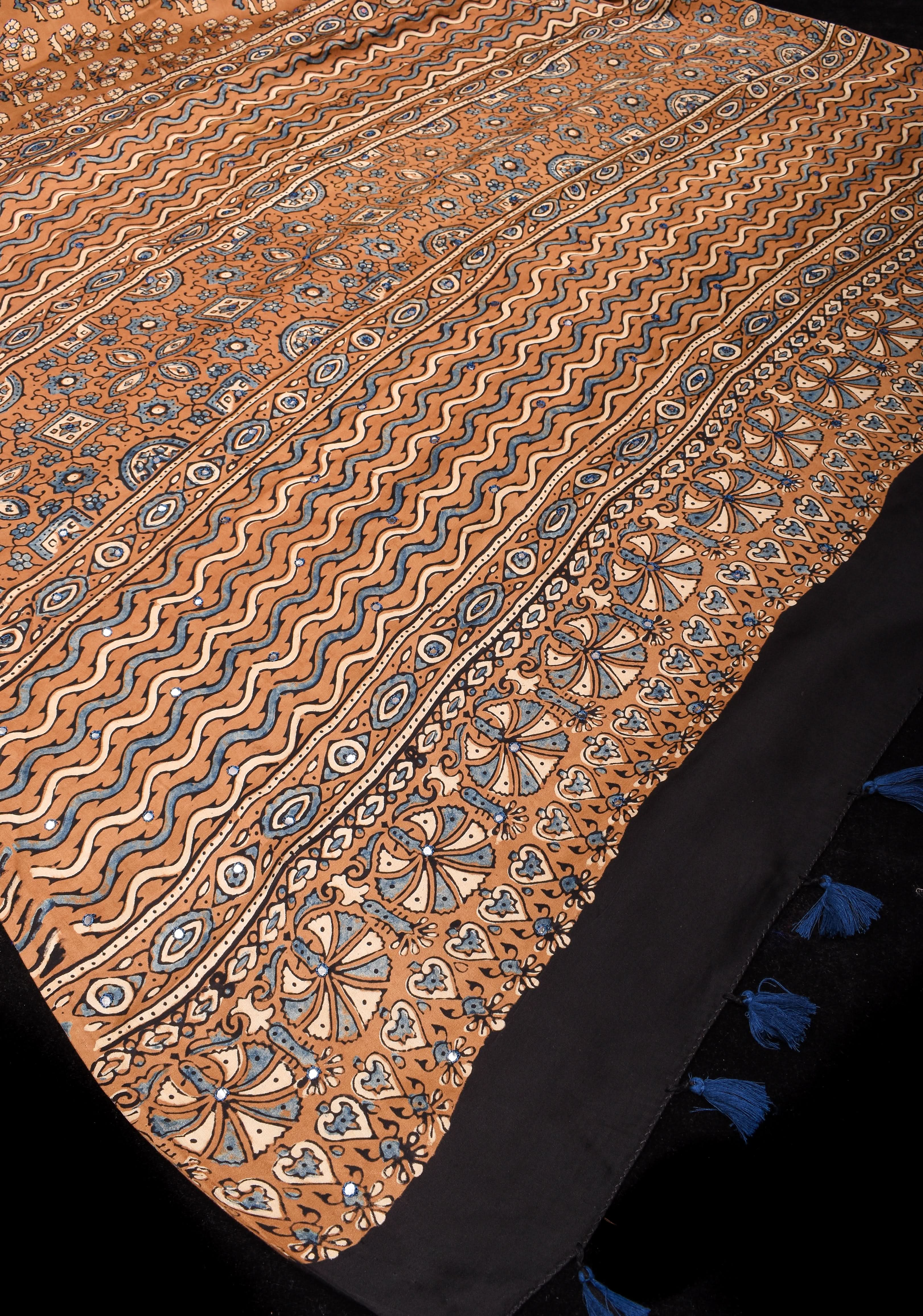 Camel Brown Ajrakh Block Print Modal Saree with Floral Print Pattern and Mirror Hand embroidery work | Shobitam