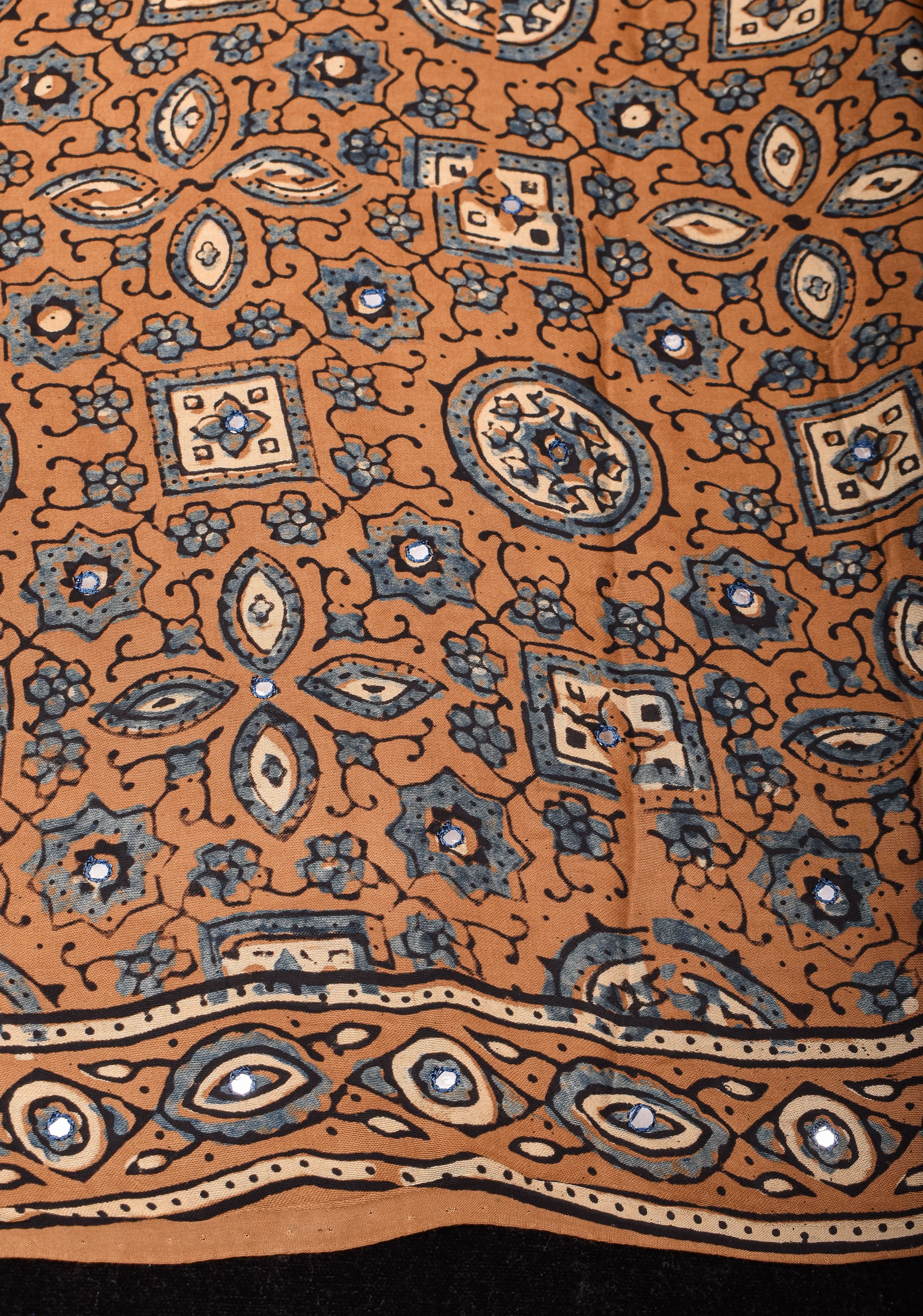 Camel Brown Ajrakh Block Print Modal Saree with Floral Print Pattern and Mirror Hand embroidery work | Shobitam