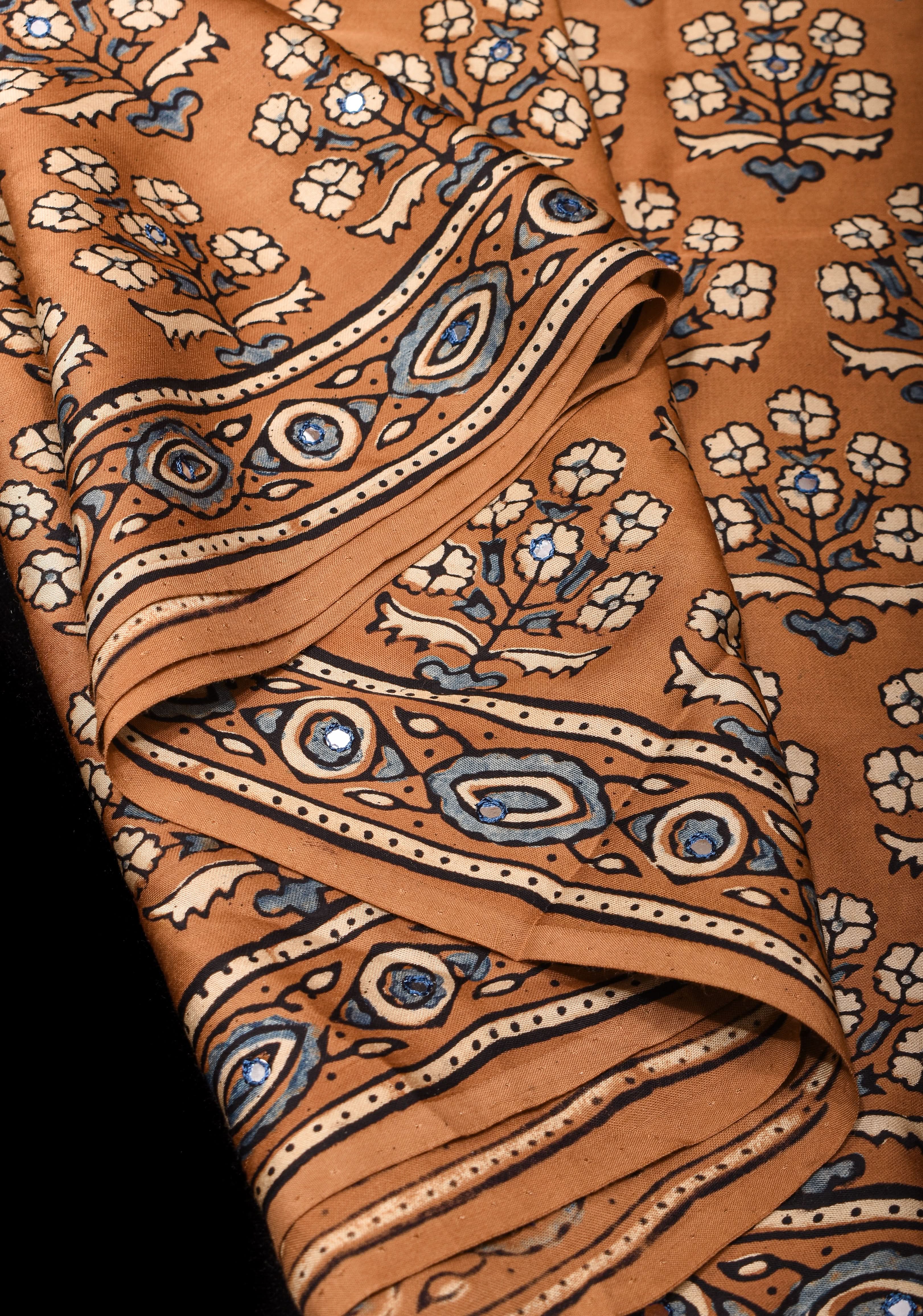 Camel Brown Ajrakh Block Print Modal Saree with Floral Print Pattern and Mirror Hand embroidery work | Shobitam