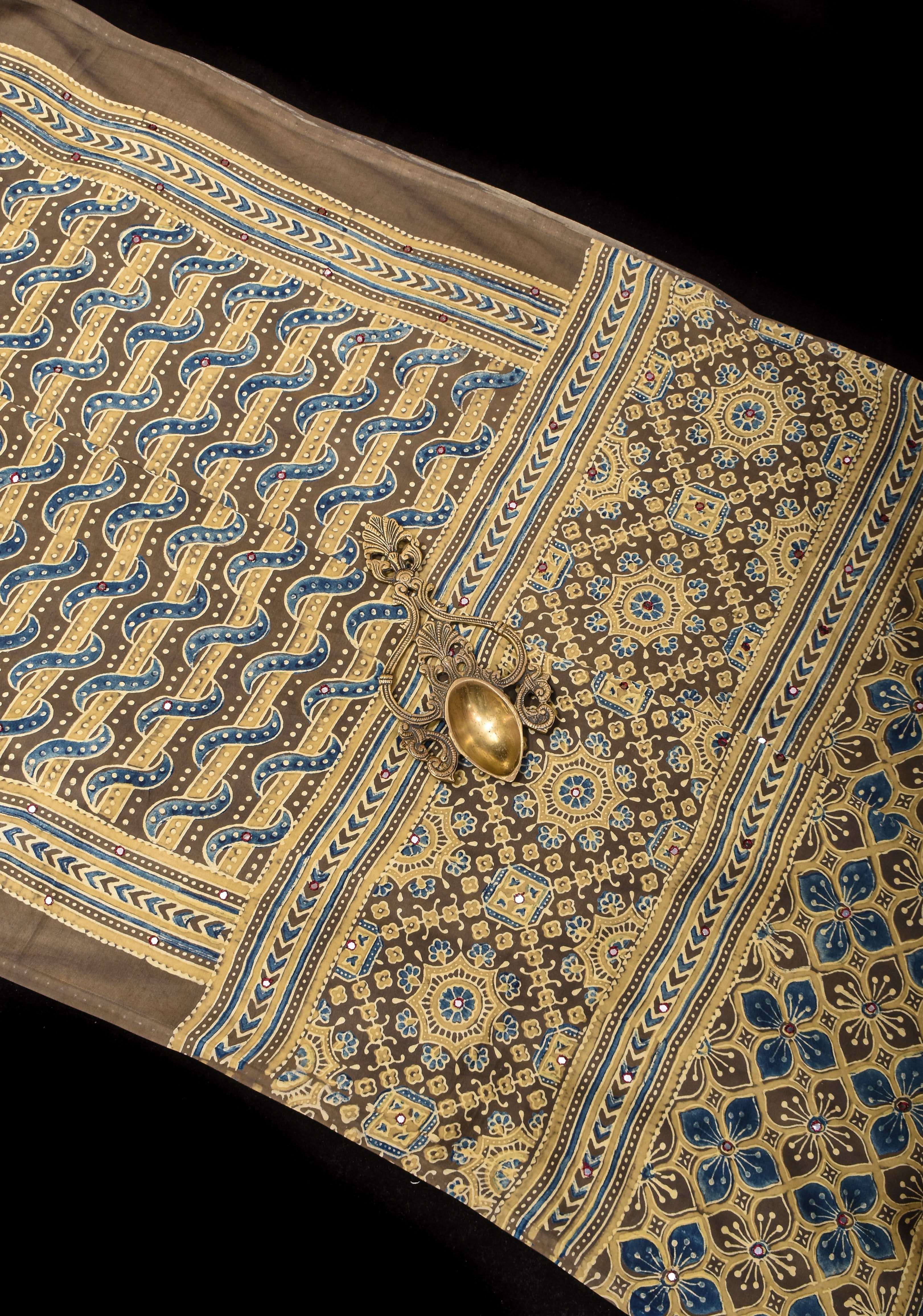 Dull Brown Ajrakh Block Print Modal Saree with Abstract Pattern and Mirror Hand embroidery work | Shobitam