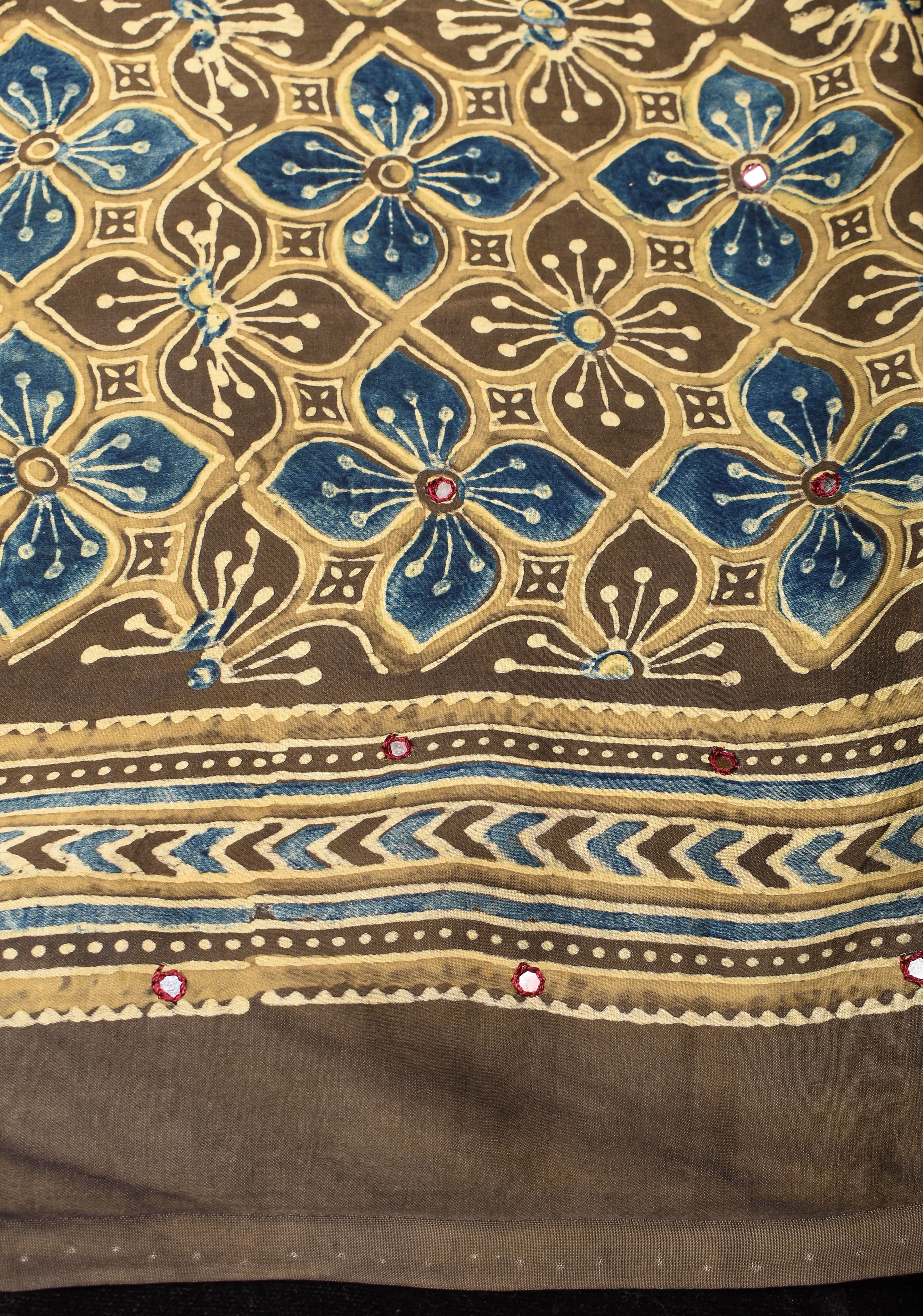 Dull Brown Ajrakh Block Print Modal Saree with Abstract Pattern and Mirror Hand embroidery work | Shobitam