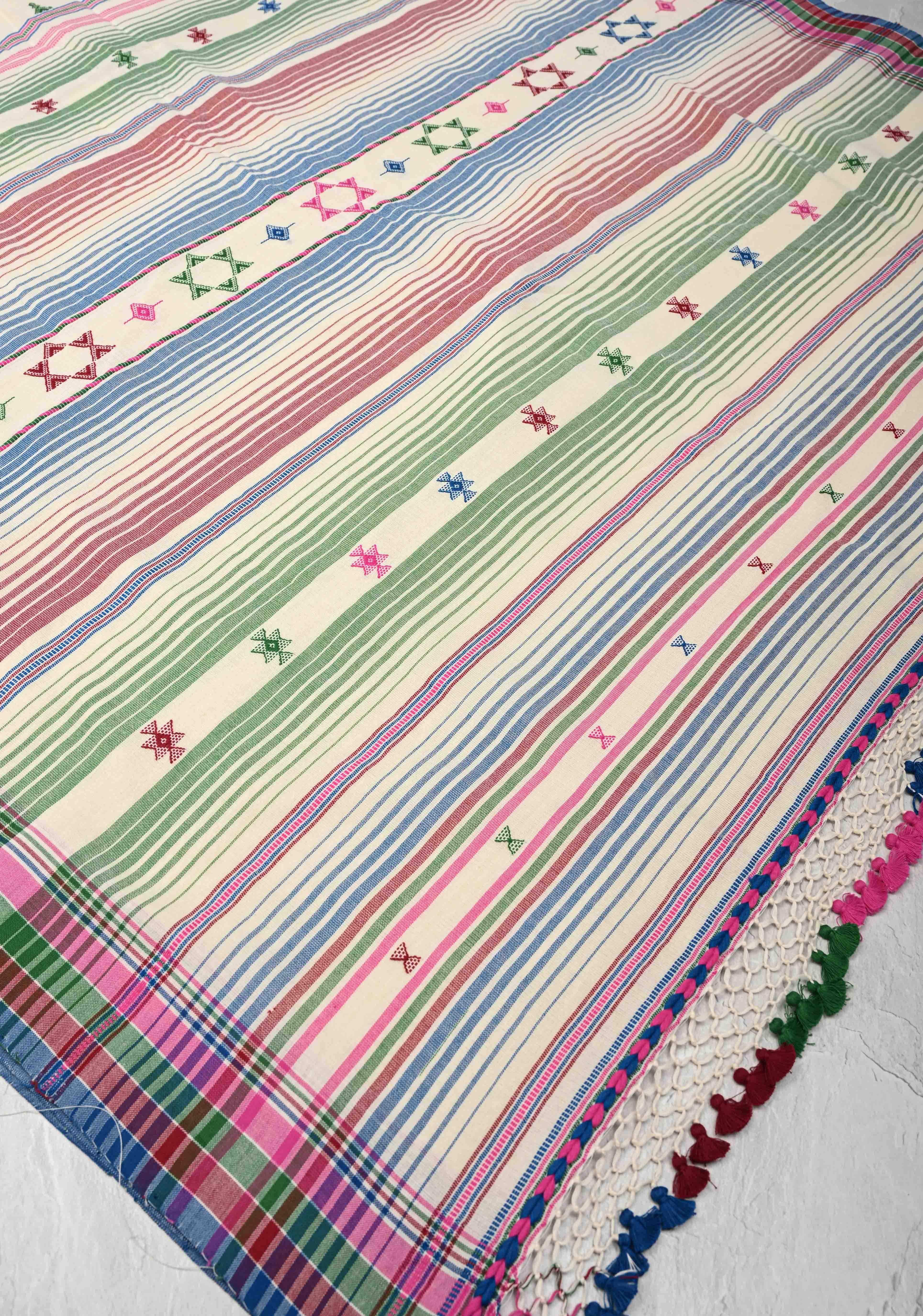 Off-White Bhujodi Kala Cotton Saree with Multicolor Stripes Border and Honeycomb Tassels | Shobitam