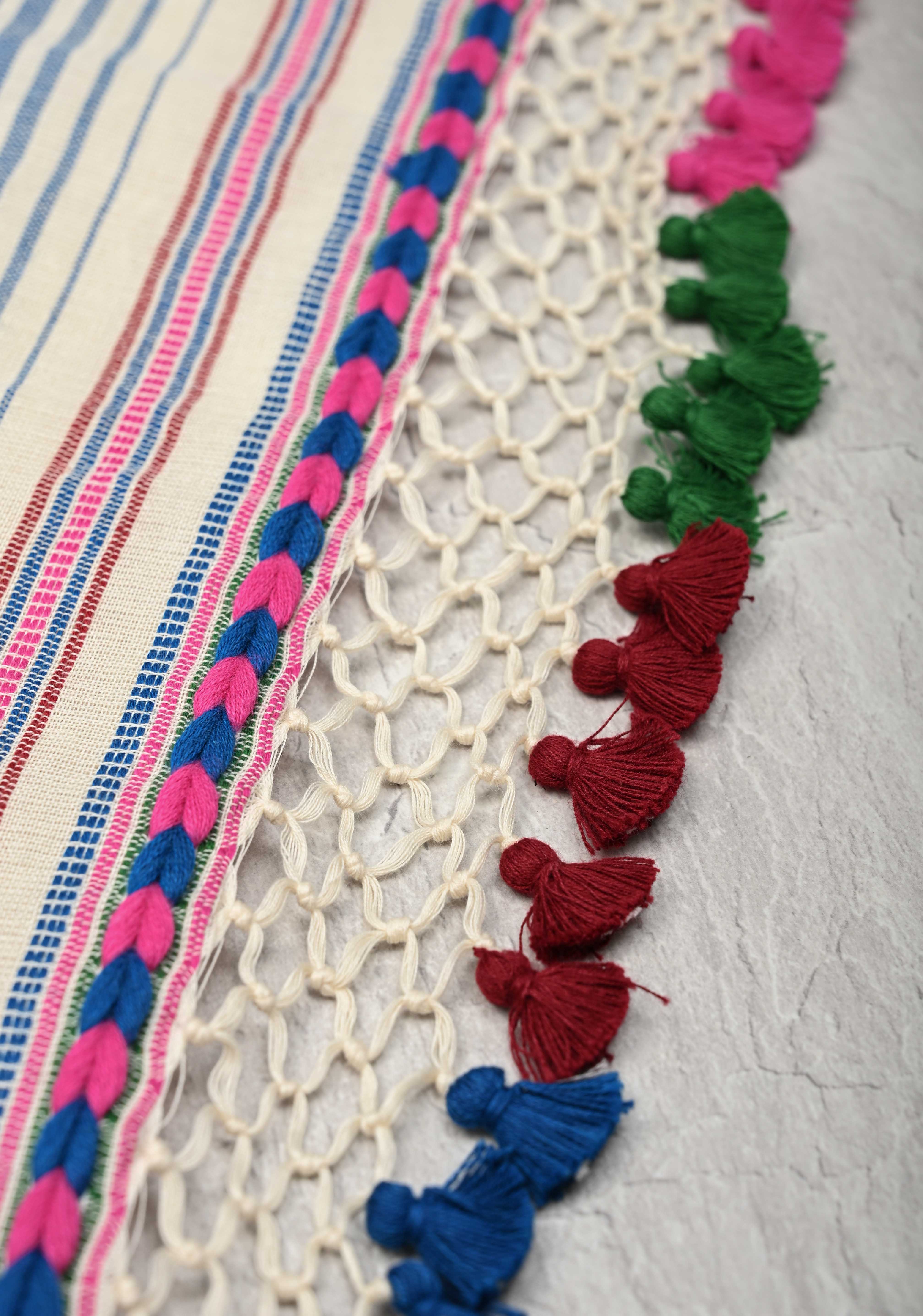 Off-White Bhujodi Kala Cotton Saree with Multicolor Stripes Border and Honeycomb Tassels | Shobitam