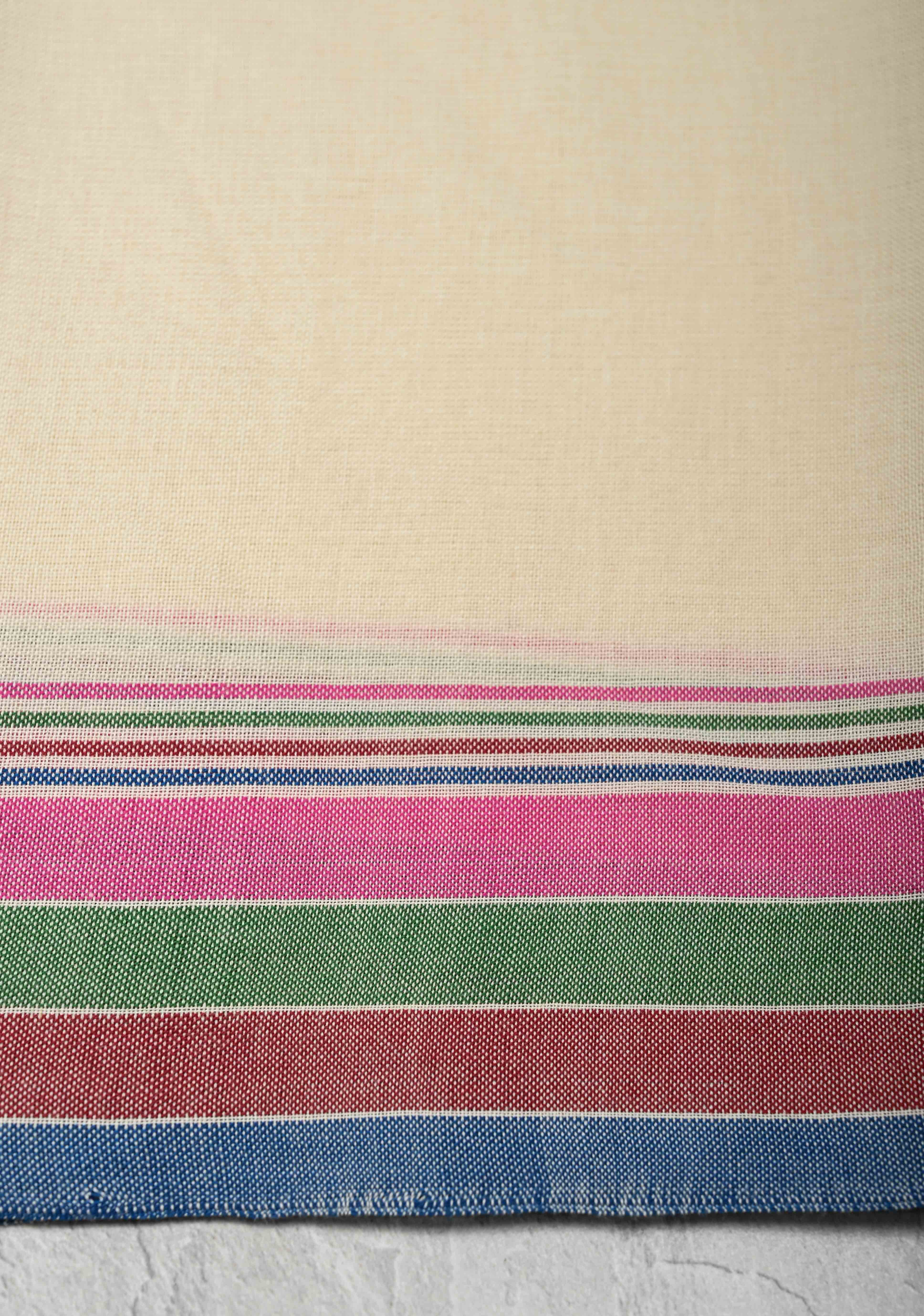 Off-White Bhujodi Kala Cotton Saree with Multicolor Stripes Border and Honeycomb Tassels | Shobitam