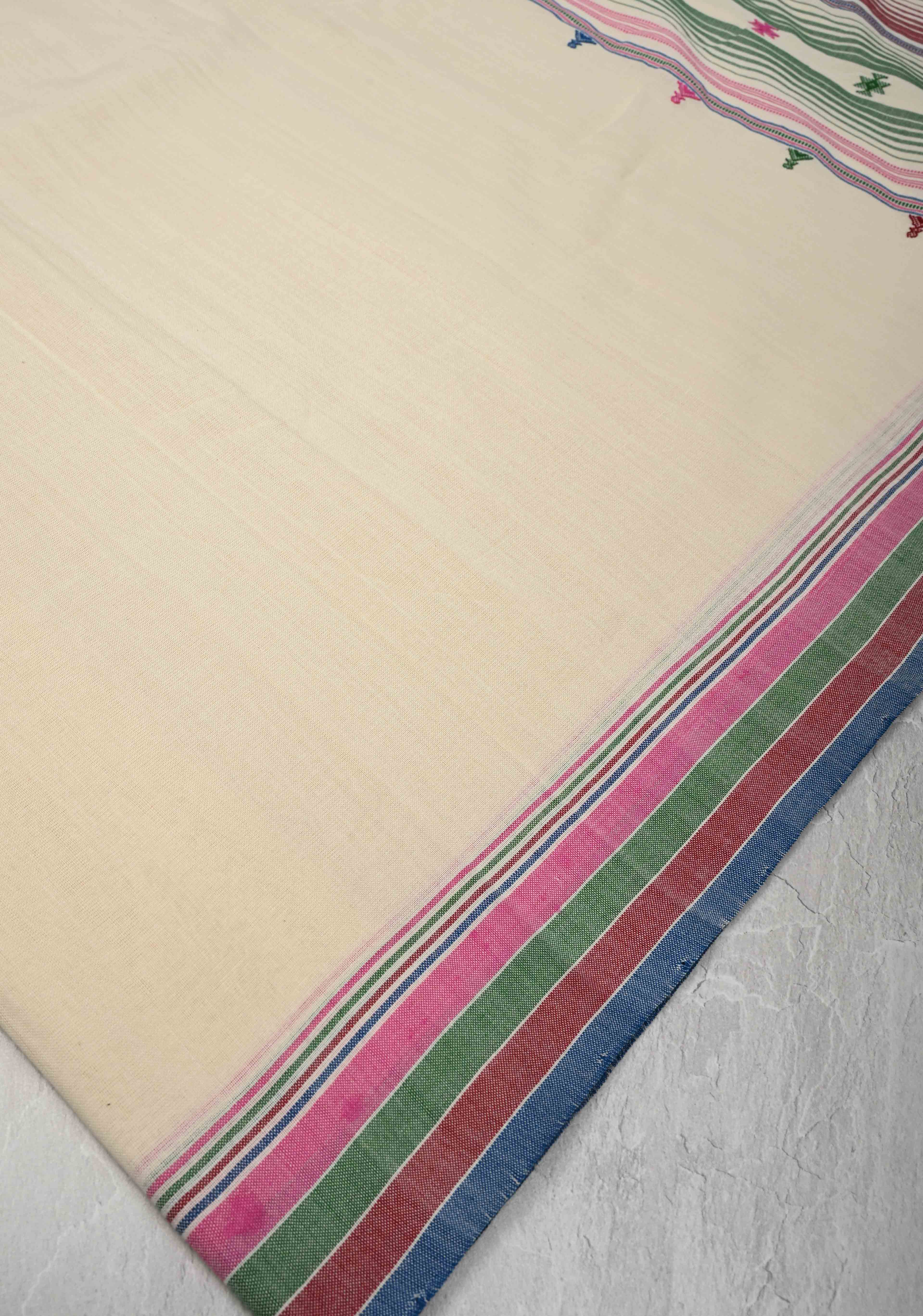Off-White Bhujodi Kala Cotton Saree with Multicolor Stripes Border and Honeycomb Tassels | Shobitam