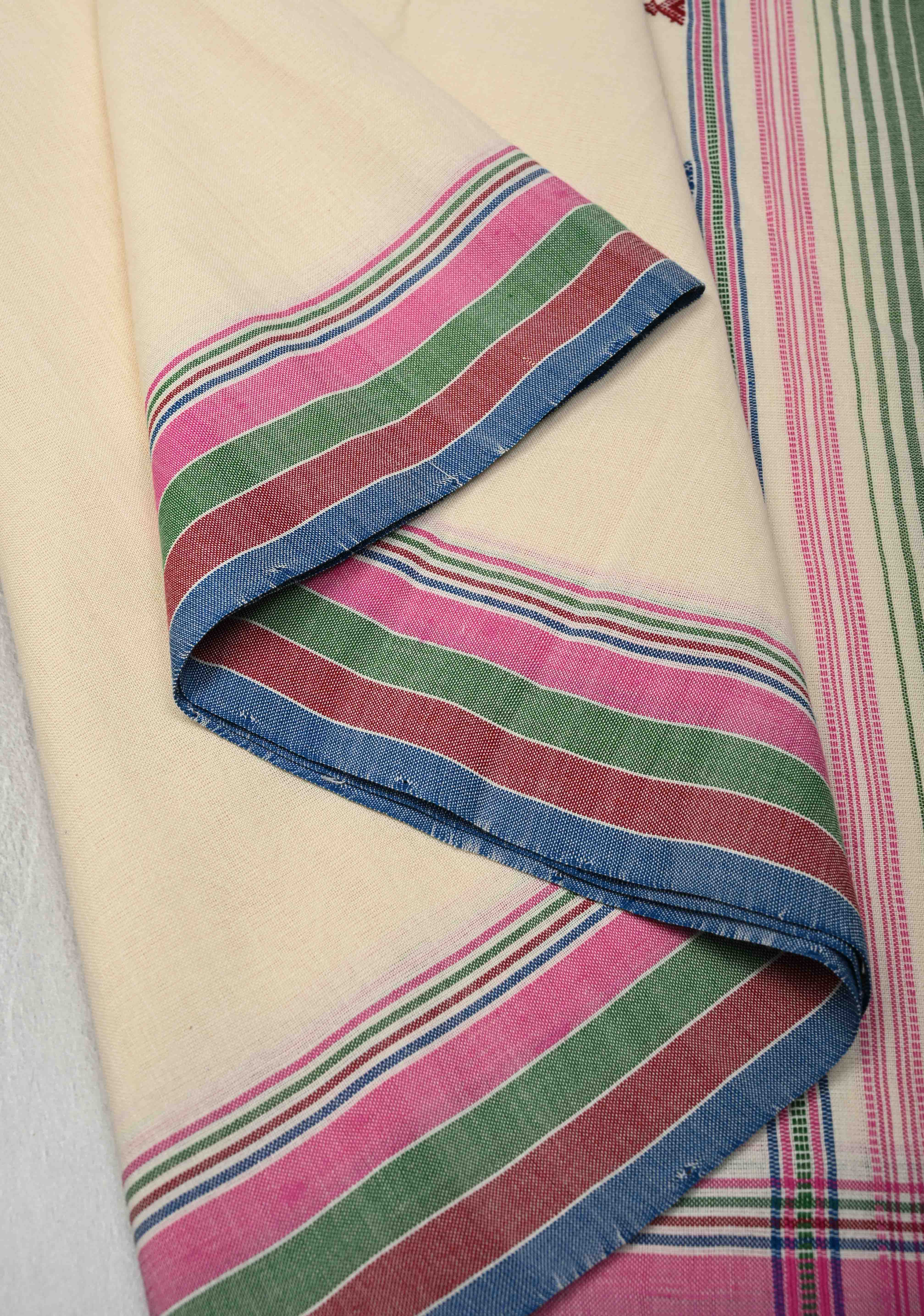 Off-White Bhujodi Kala Cotton Saree with Multicolor Stripes Border and Honeycomb Tassels | Shobitam