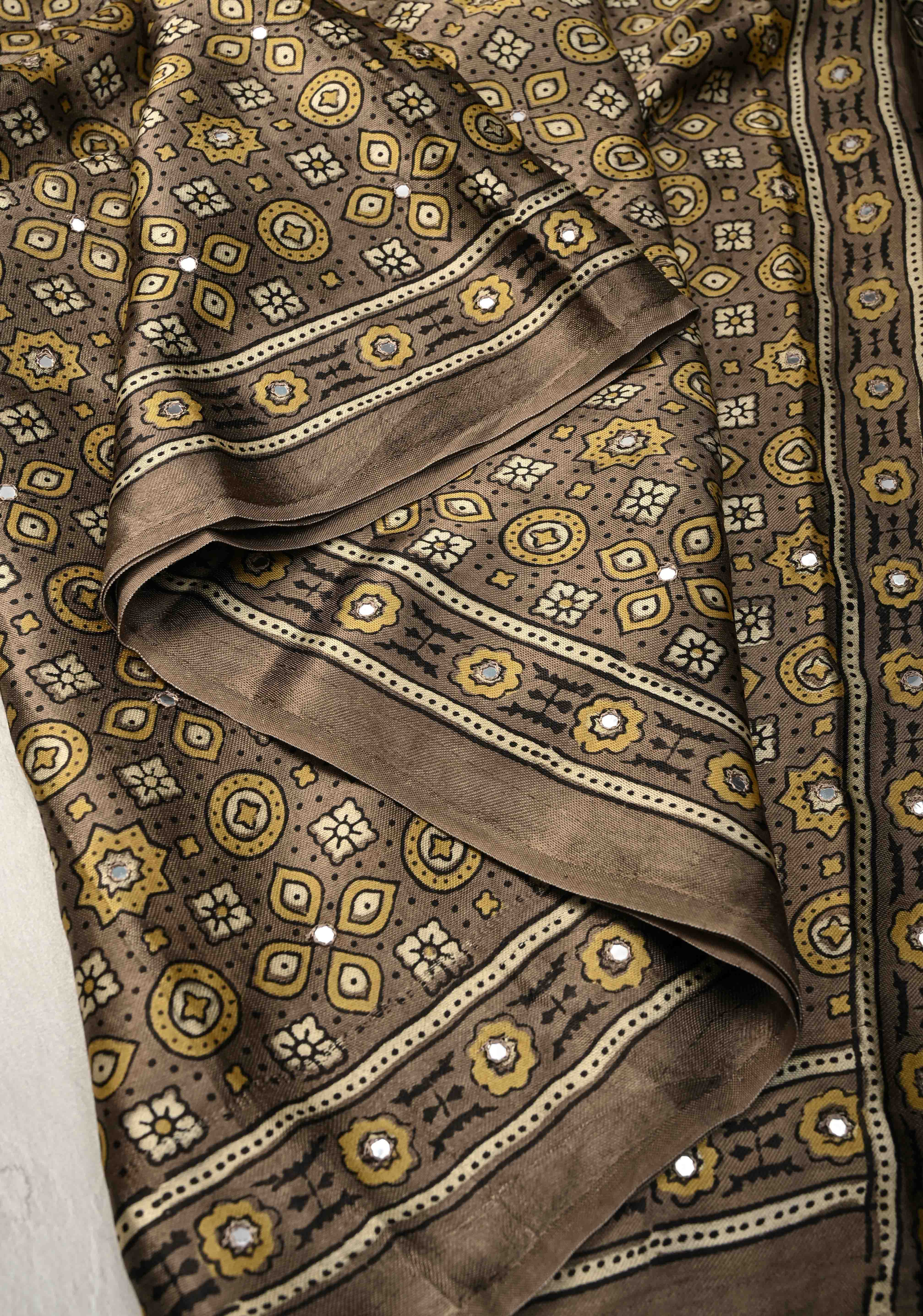 Authentic Ajrakh Hand Block Print in Gray Taupe Modal Silk Saree with Mirror Tikk Hand Work | Shobitam