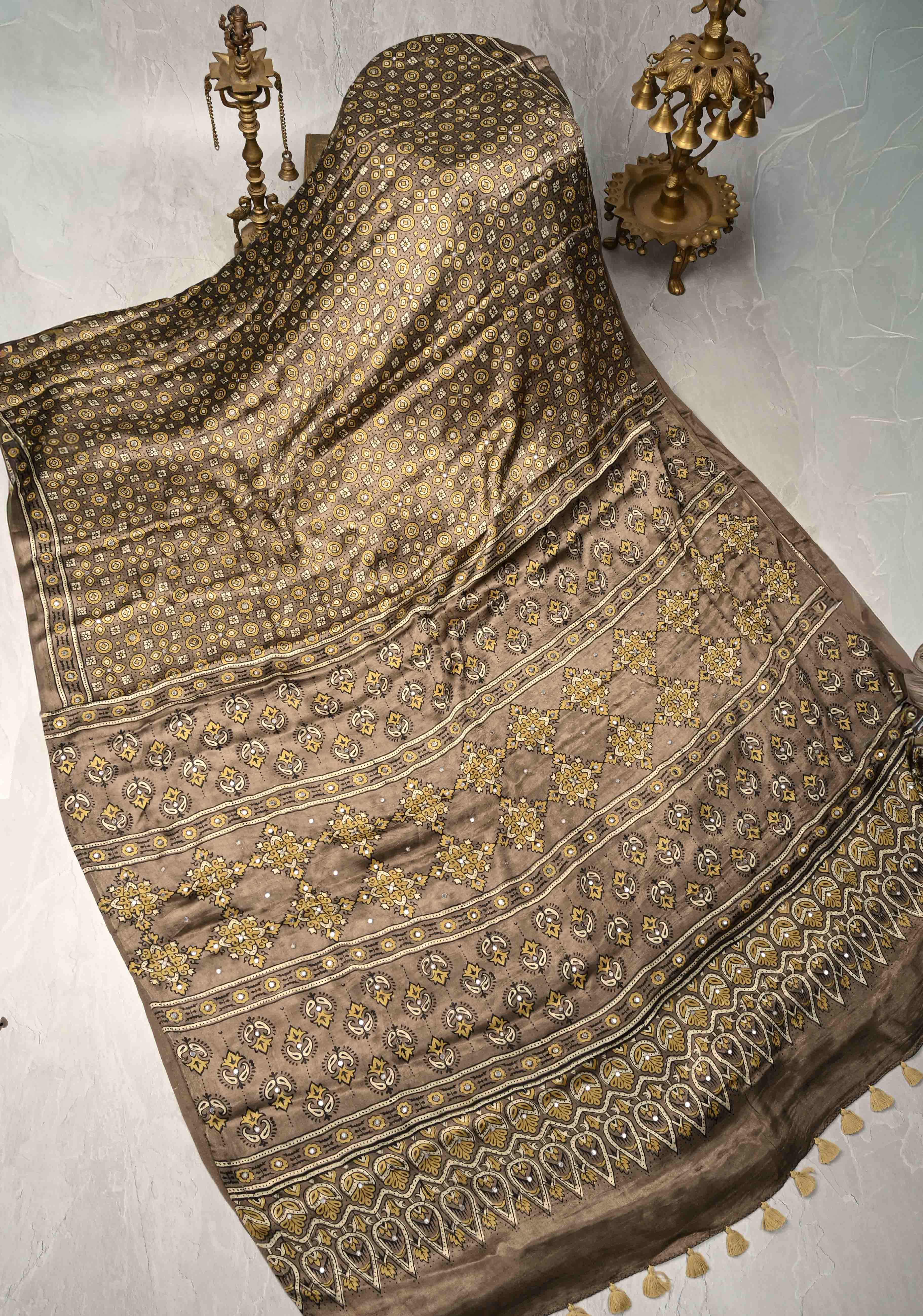 Authentic Ajrakh Hand Block Print in Gray Taupe Modal Silk Saree with Mirror Tikk Hand Work | Shobitam