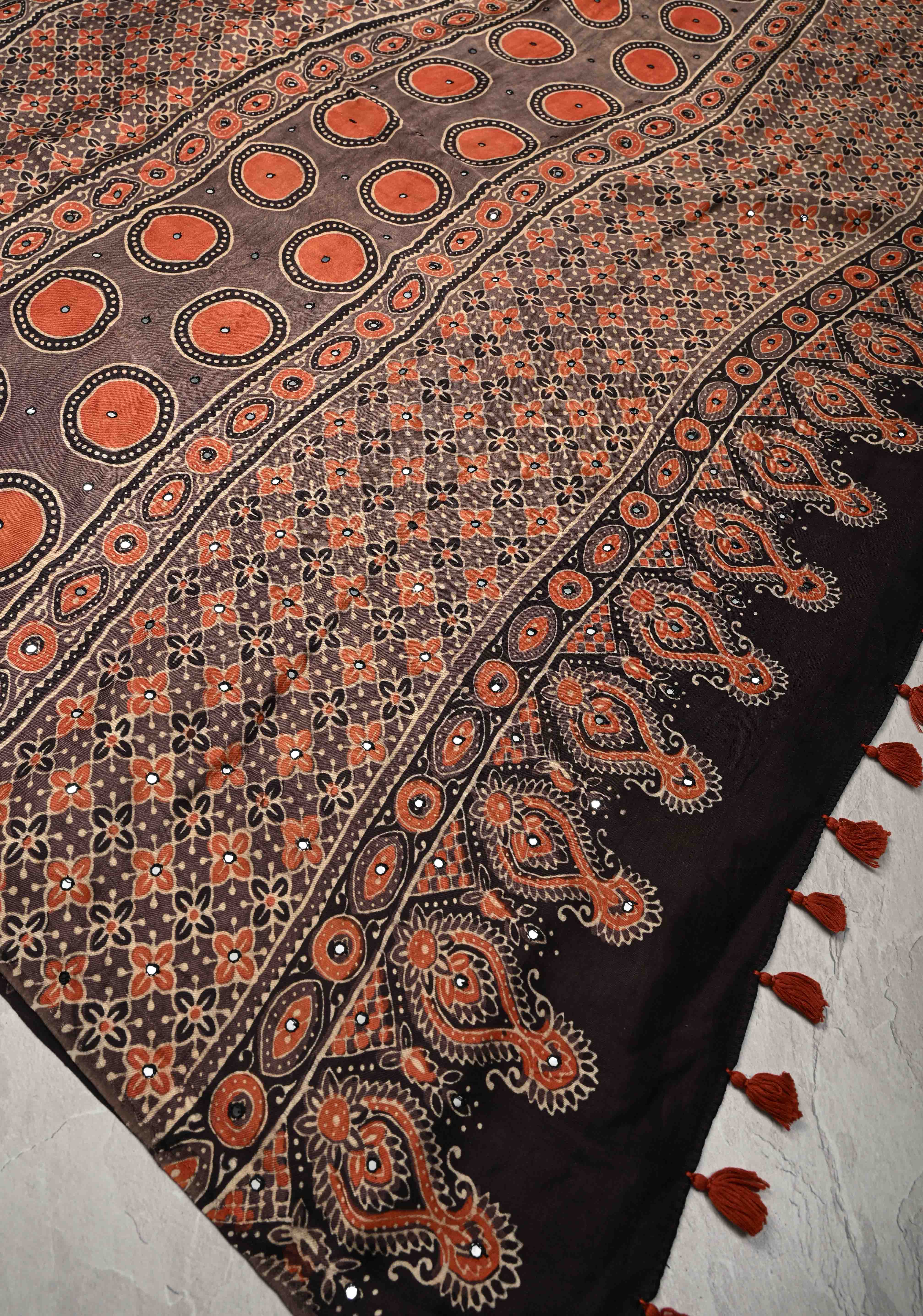 Black Floral Hand Block Print on Modal Silk Saree with Mirror Work | Shobitam