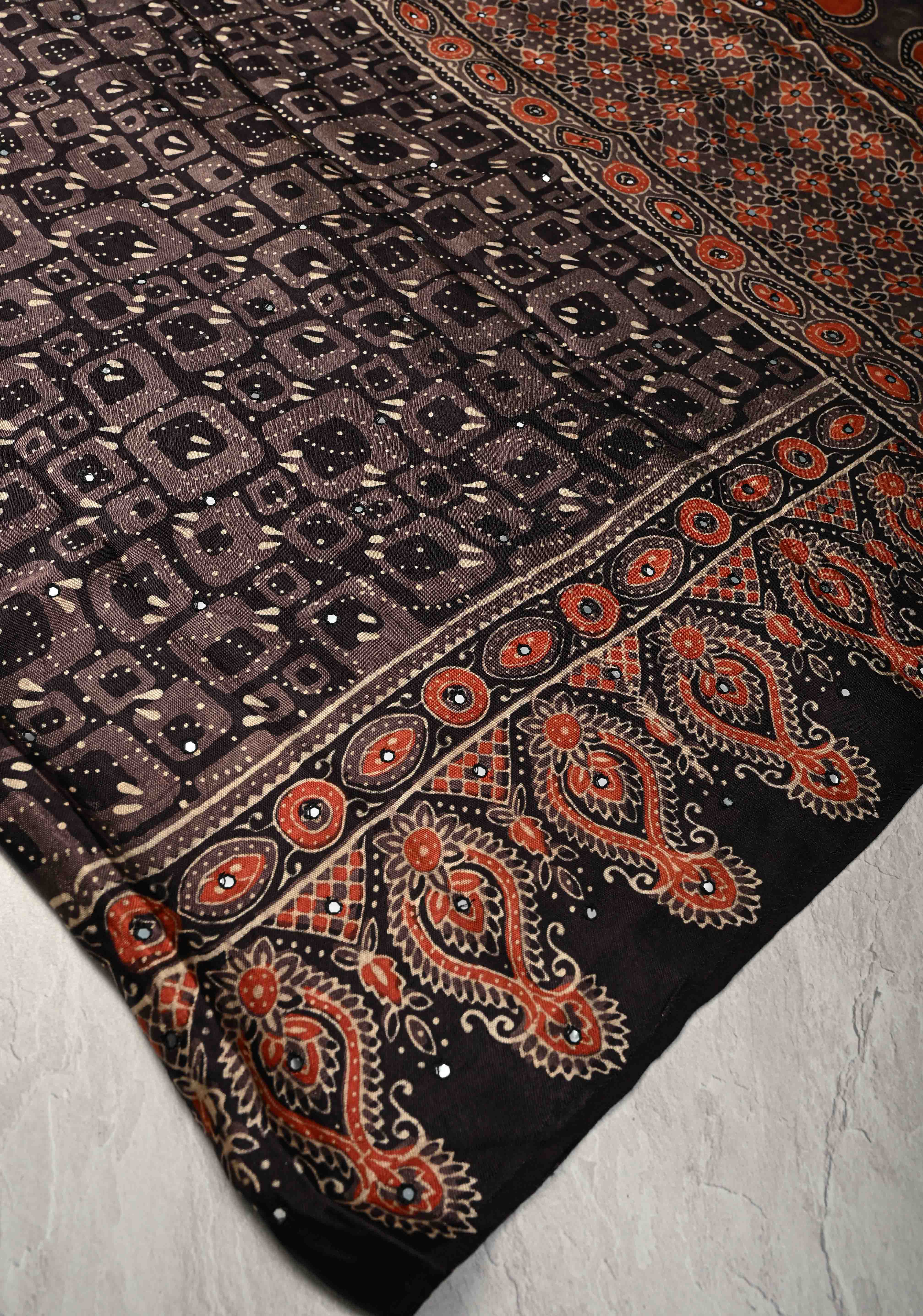 Black Floral Hand Block Print on Modal Silk Saree with Mirror Work | Shobitam