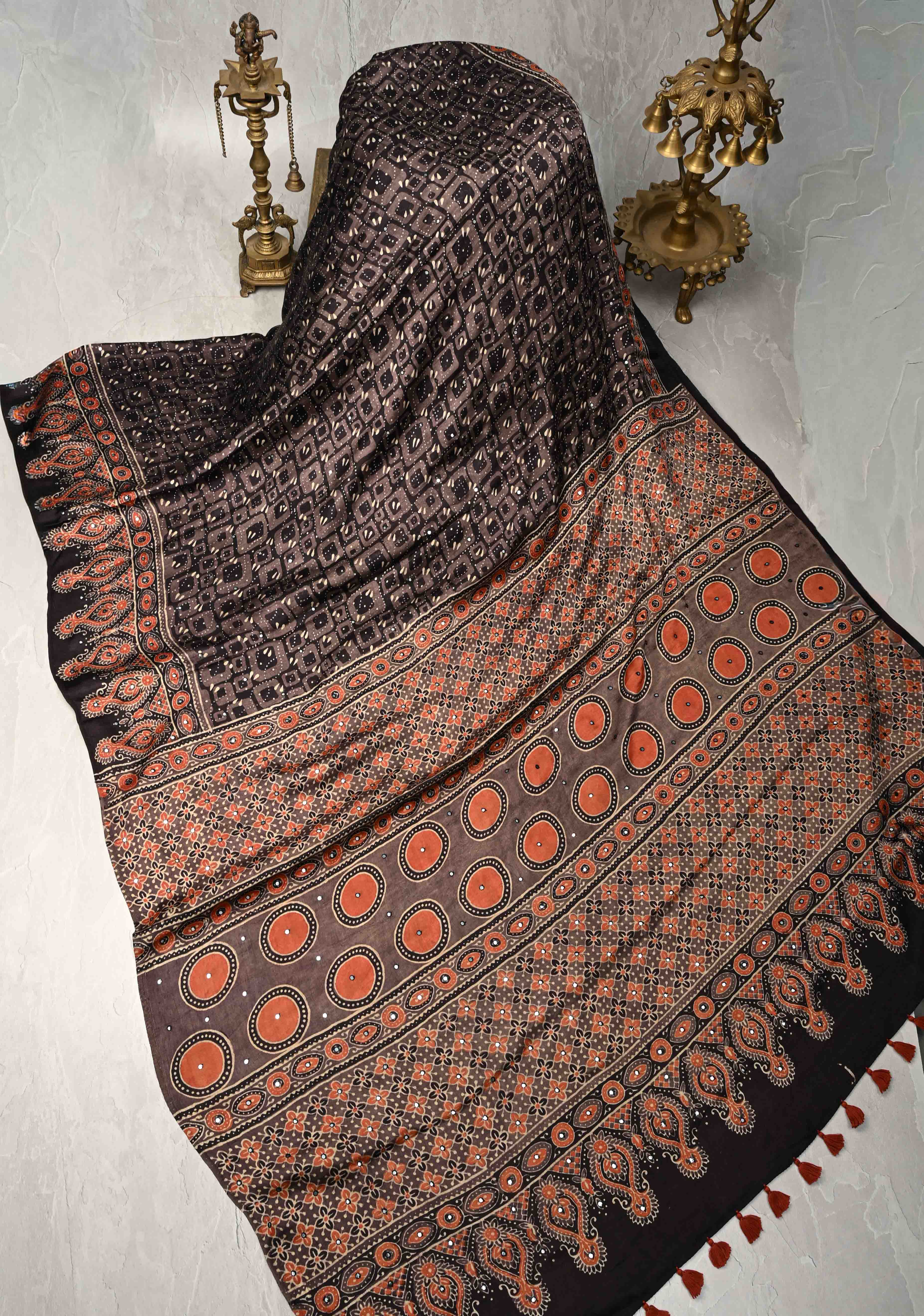 Black Floral Hand Block Print on Modal Silk Saree with Mirror Work | Shobitam