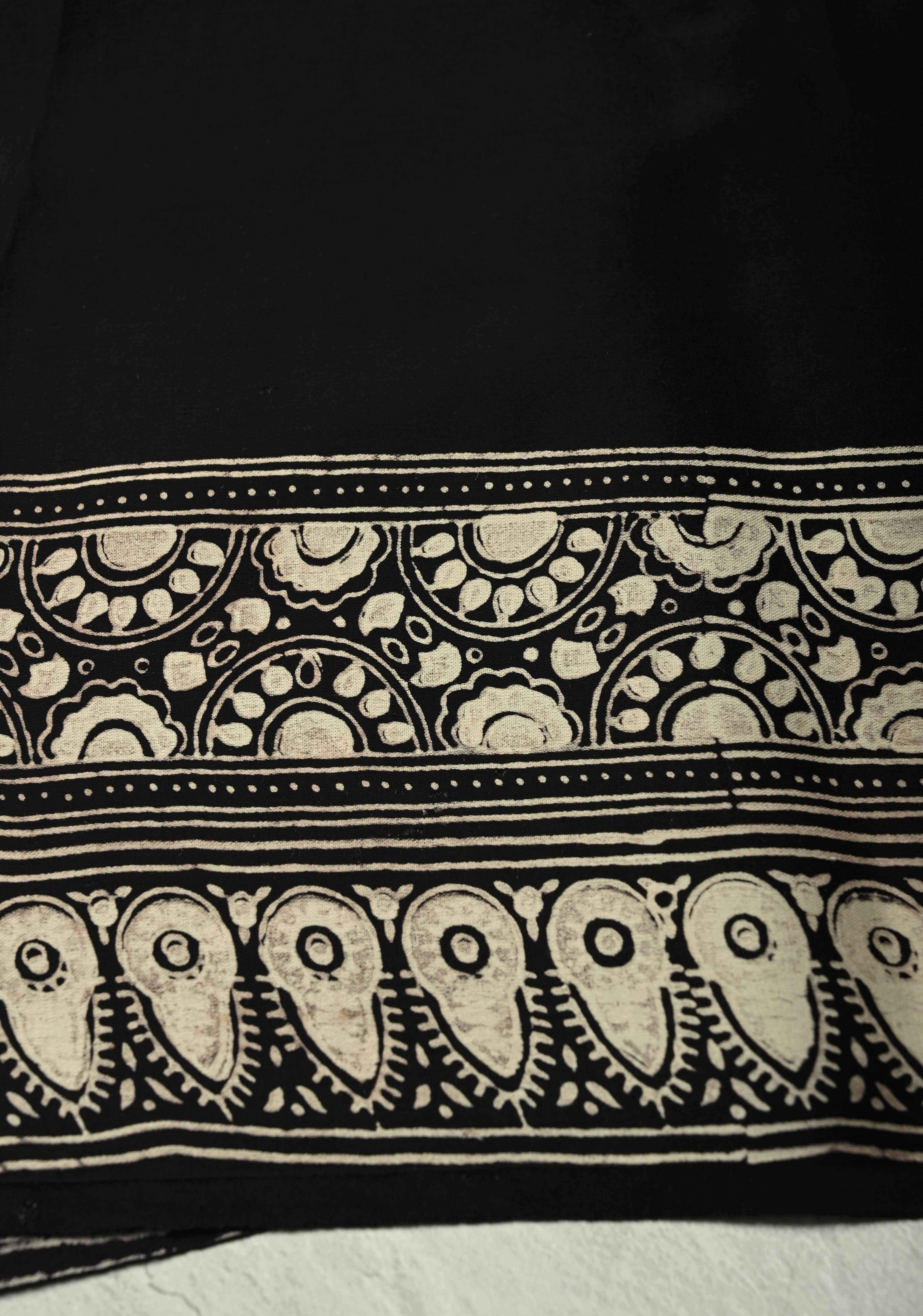 Black-White Modal Silk Saree with Ajrakh Hand Block Print | Shobitam