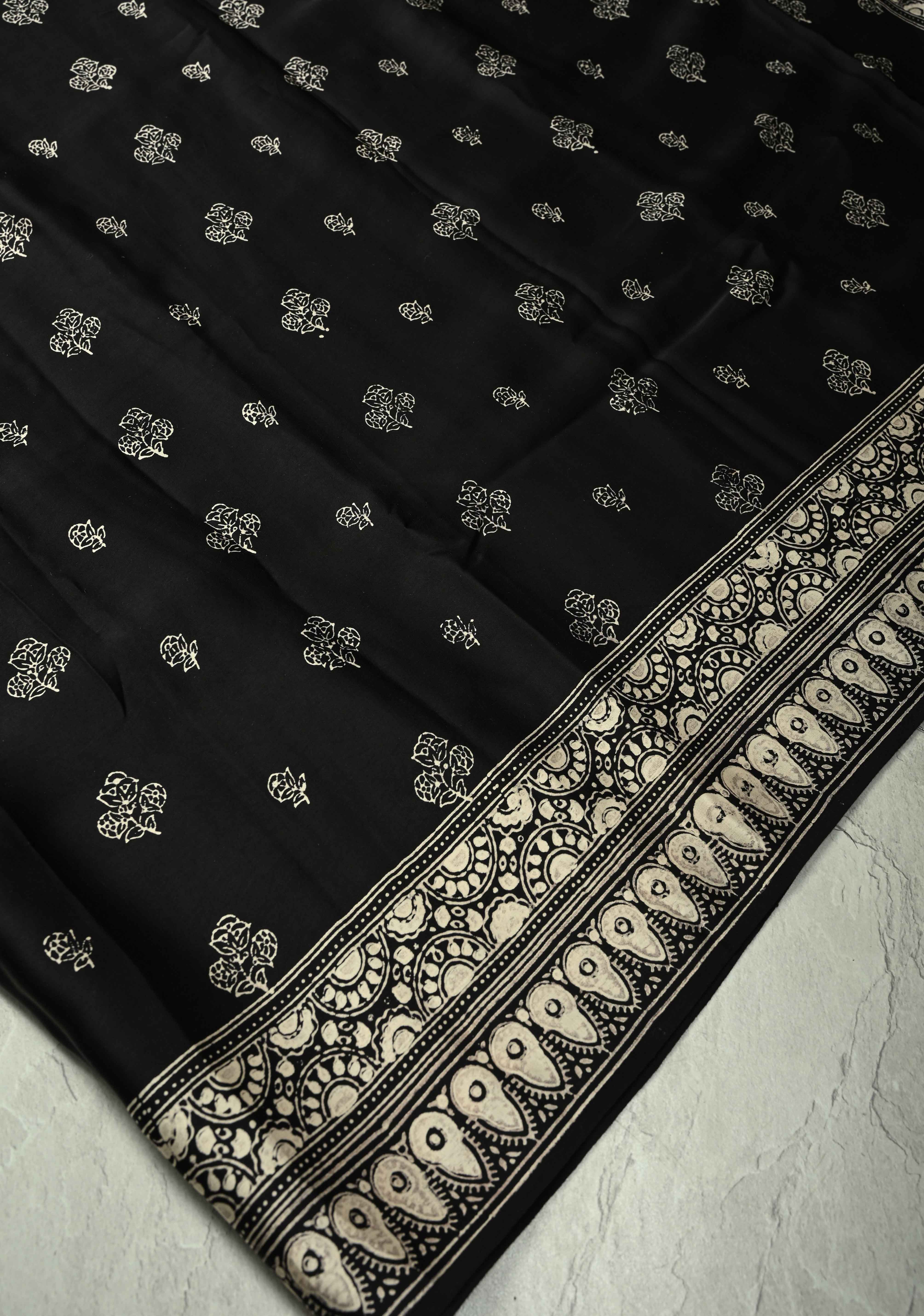 Black-White Modal Silk Saree with Ajrakh Hand Block Print | Shobitam