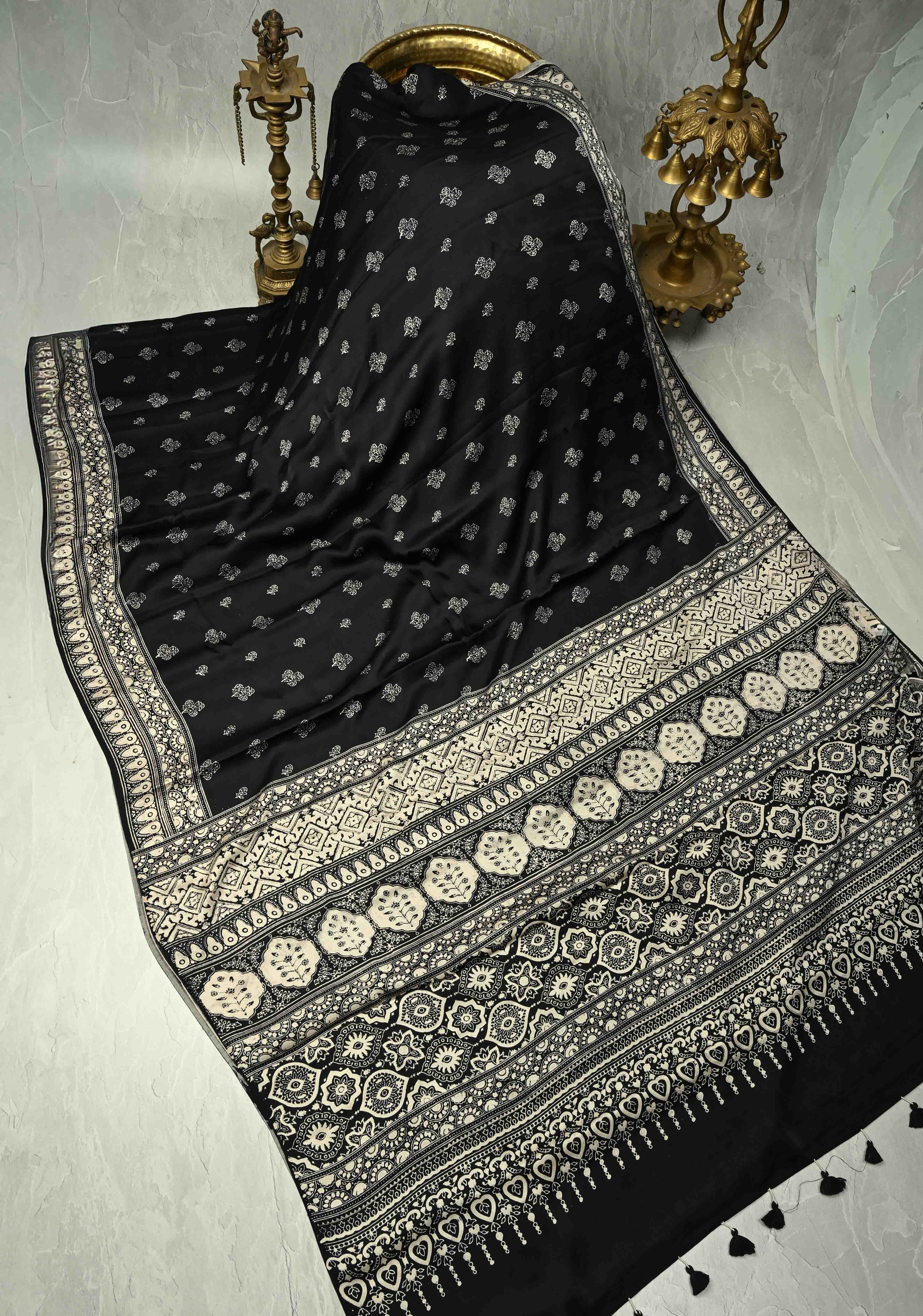 Black-White Modal Silk Saree with Ajrakh Hand Block Print | Shobitam