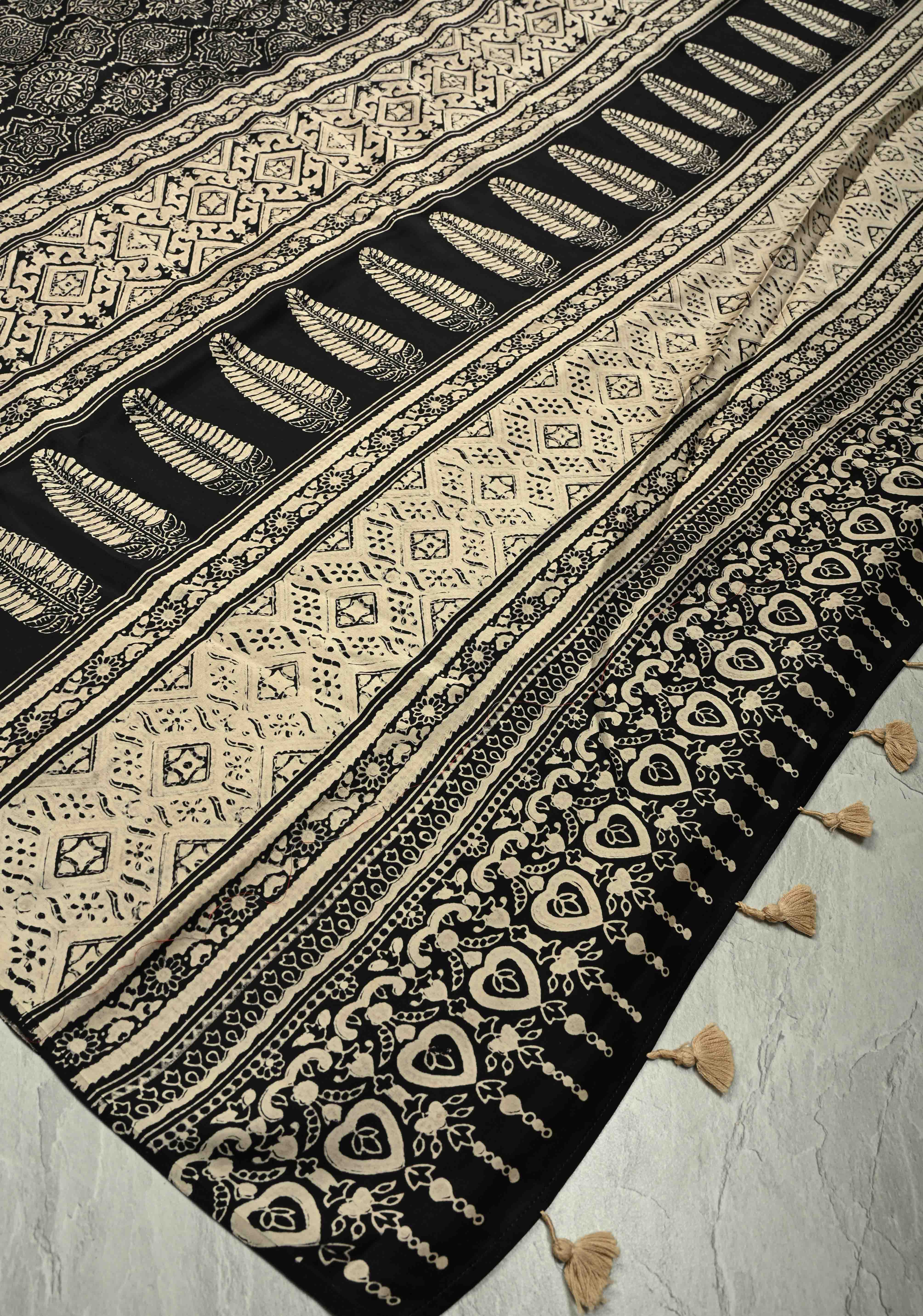Black-White Modal Silk Saree with Ajrakh Hand Block Print and Contrast Red Blouse Piece | Shobitam