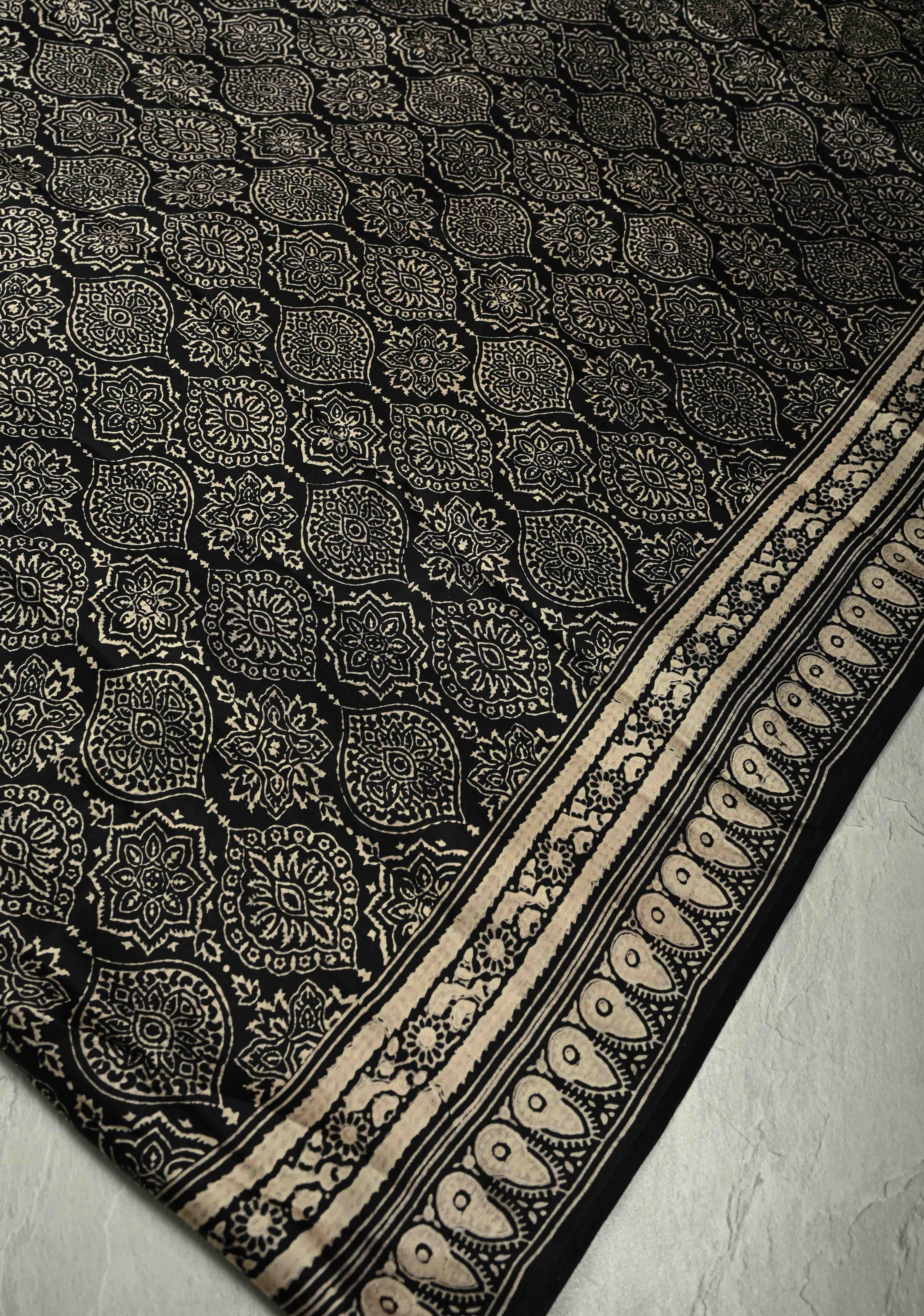 Black-White Modal Silk Saree with Ajrakh Hand Block Print and Contrast Red Blouse Piece | Shobitam