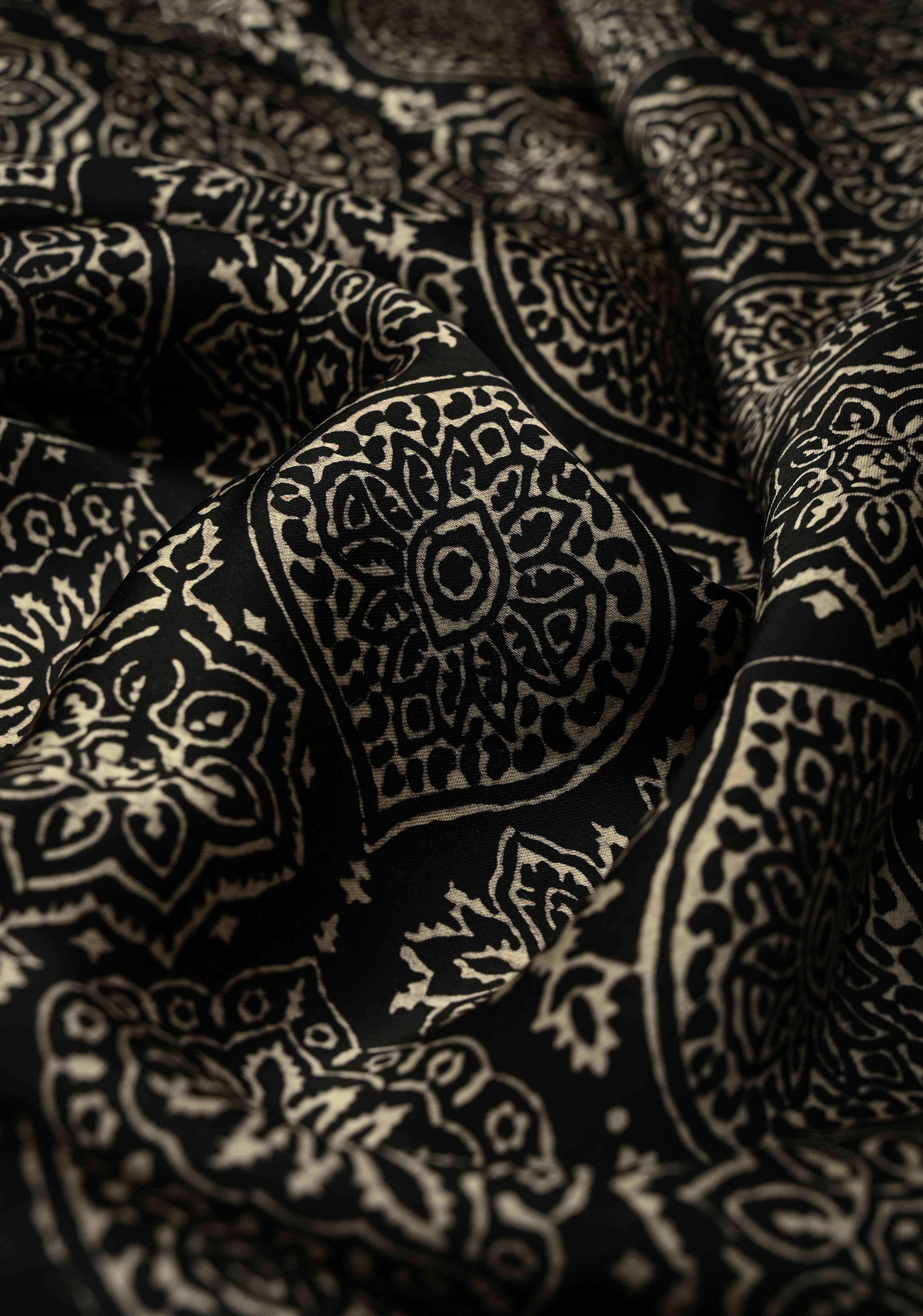 Black-White Modal Silk Saree with Ajrakh Hand Block Print and Contrast Red Blouse Piece | Shobitam