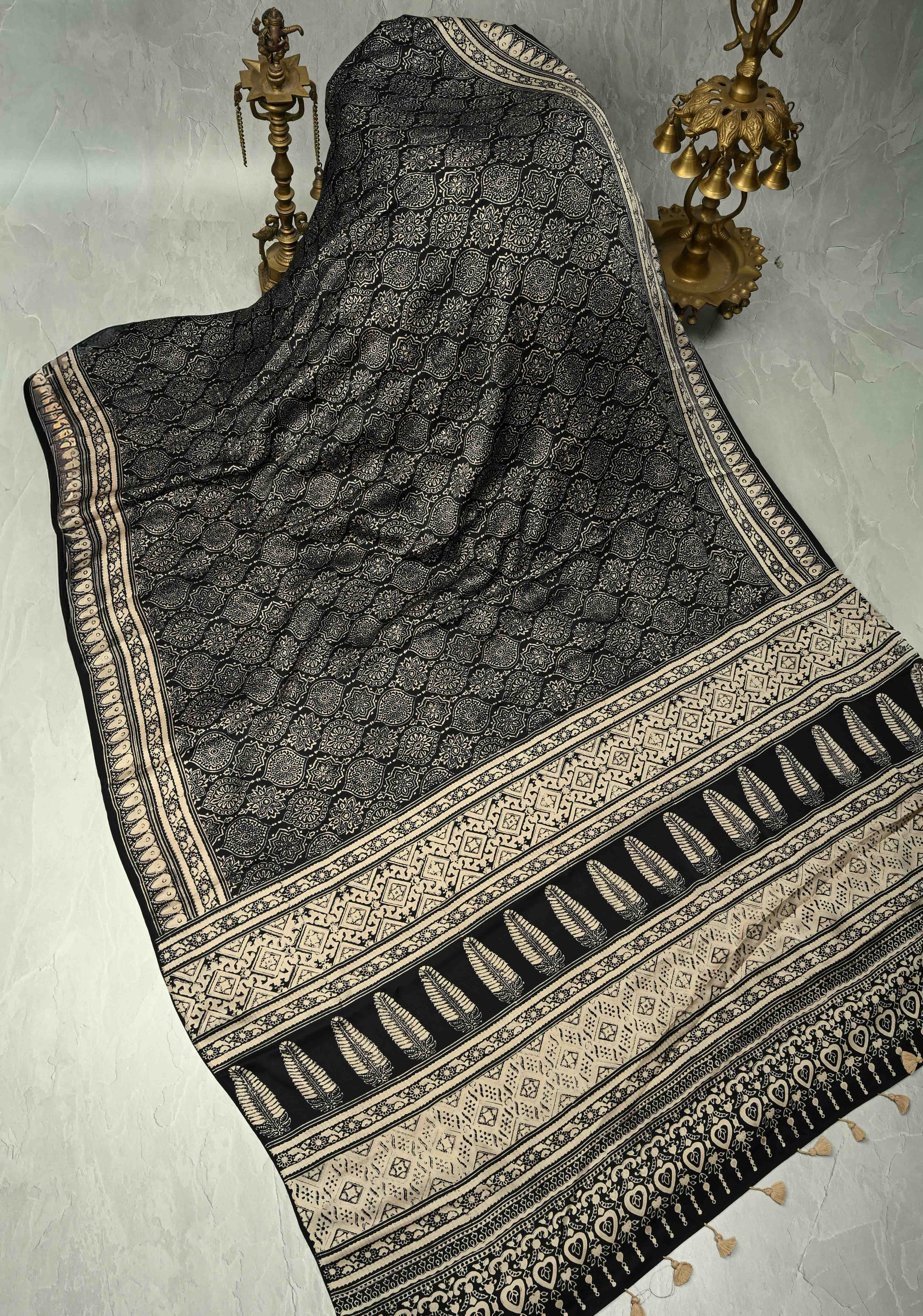 Black-White Modal Silk Saree with Ajrakh Hand Block Print and Contrast Red Blouse Piece | Shobitam
