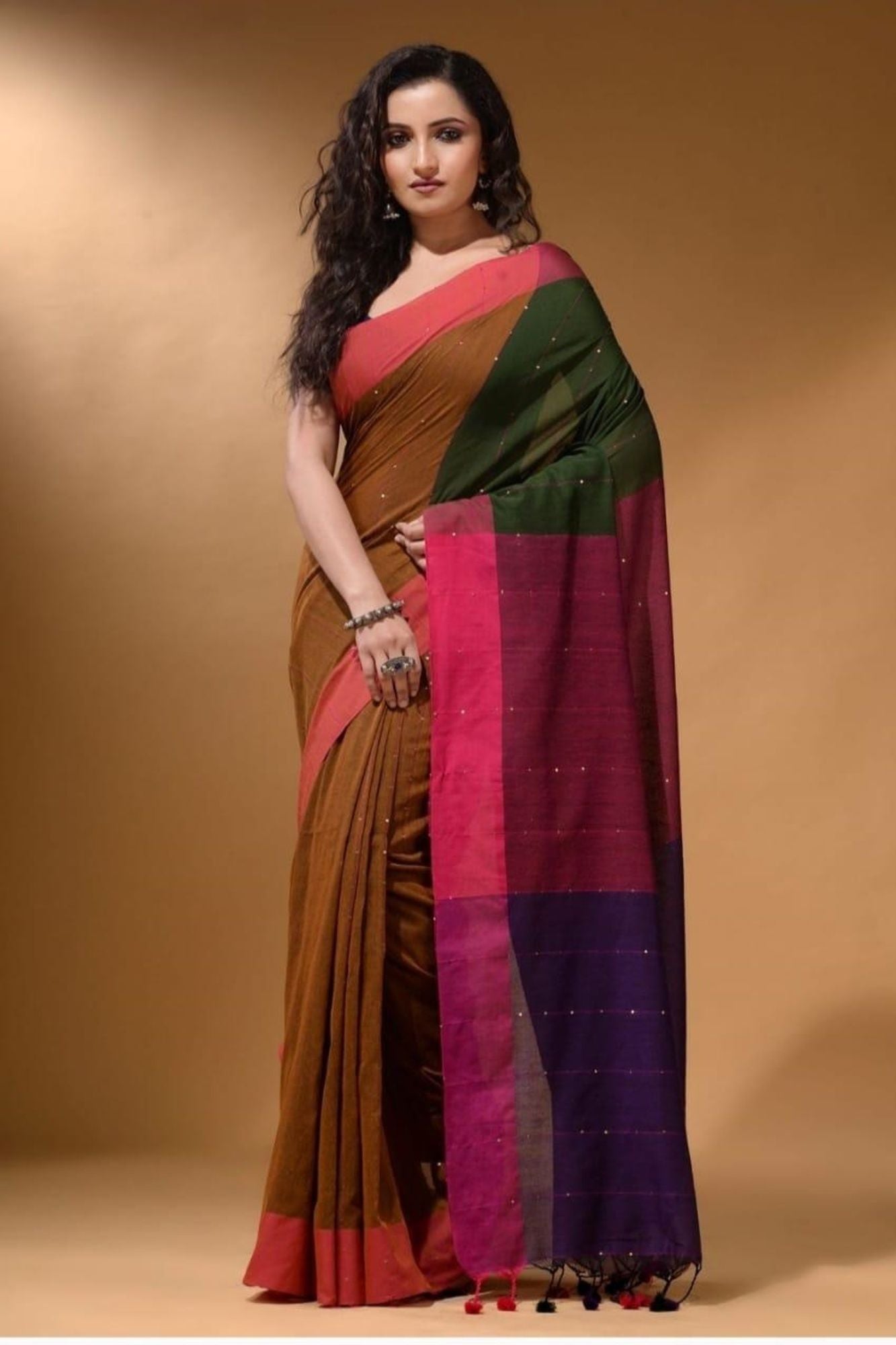 Khadi Cotton with Multicolour Pallu and Sequin Detailing Ready To Wear Saree