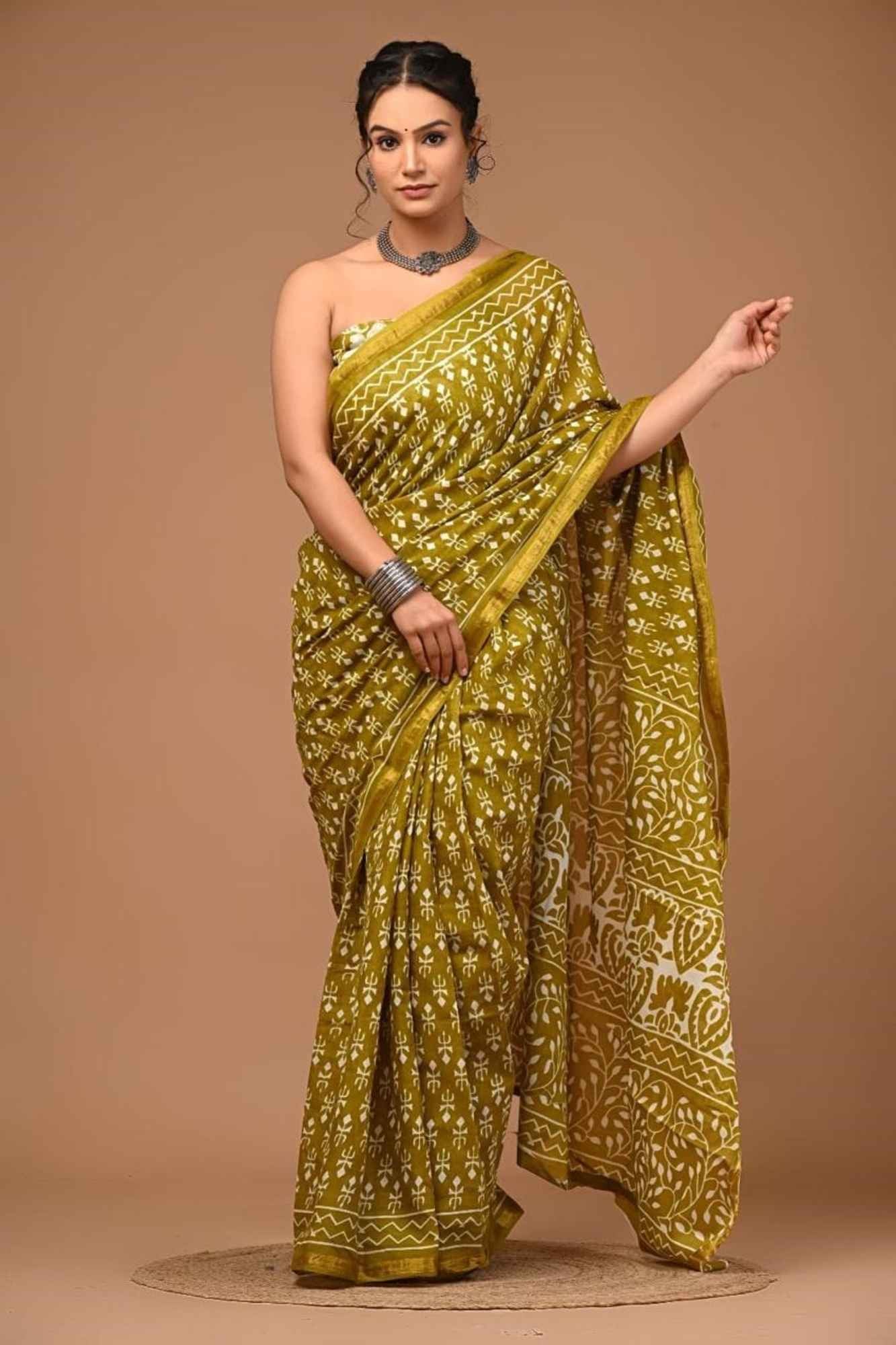 Mehandi-Inspired Cotton in Green and White with Gold Border Ready To Wear Saree