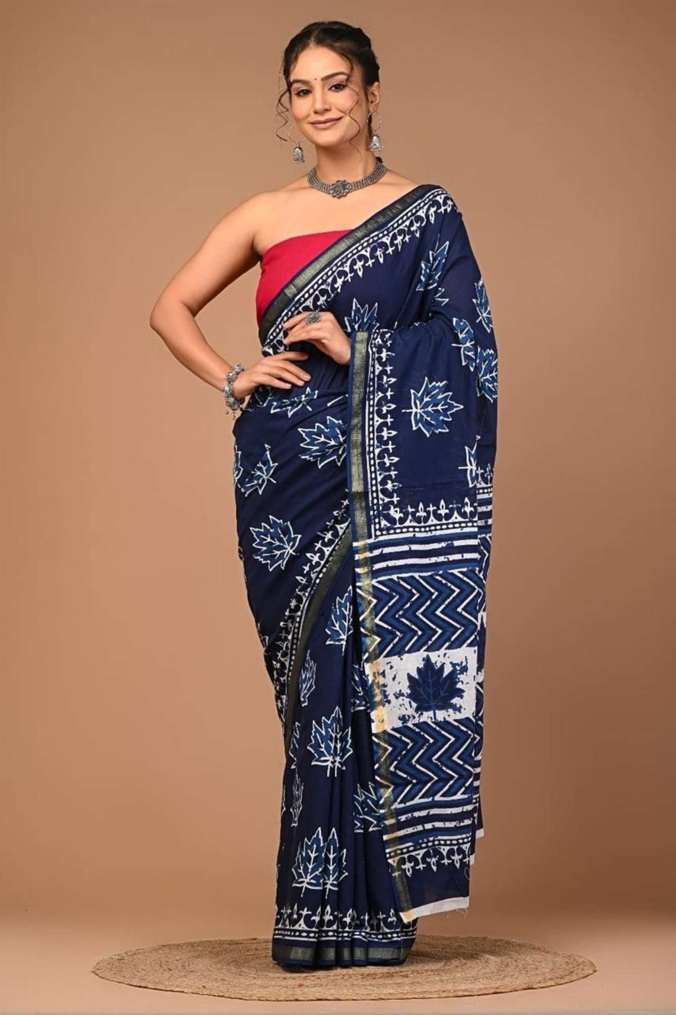Cotton Vanaspati Ajrakh Printed with Elegant Zari Border Ready To Wear Saree