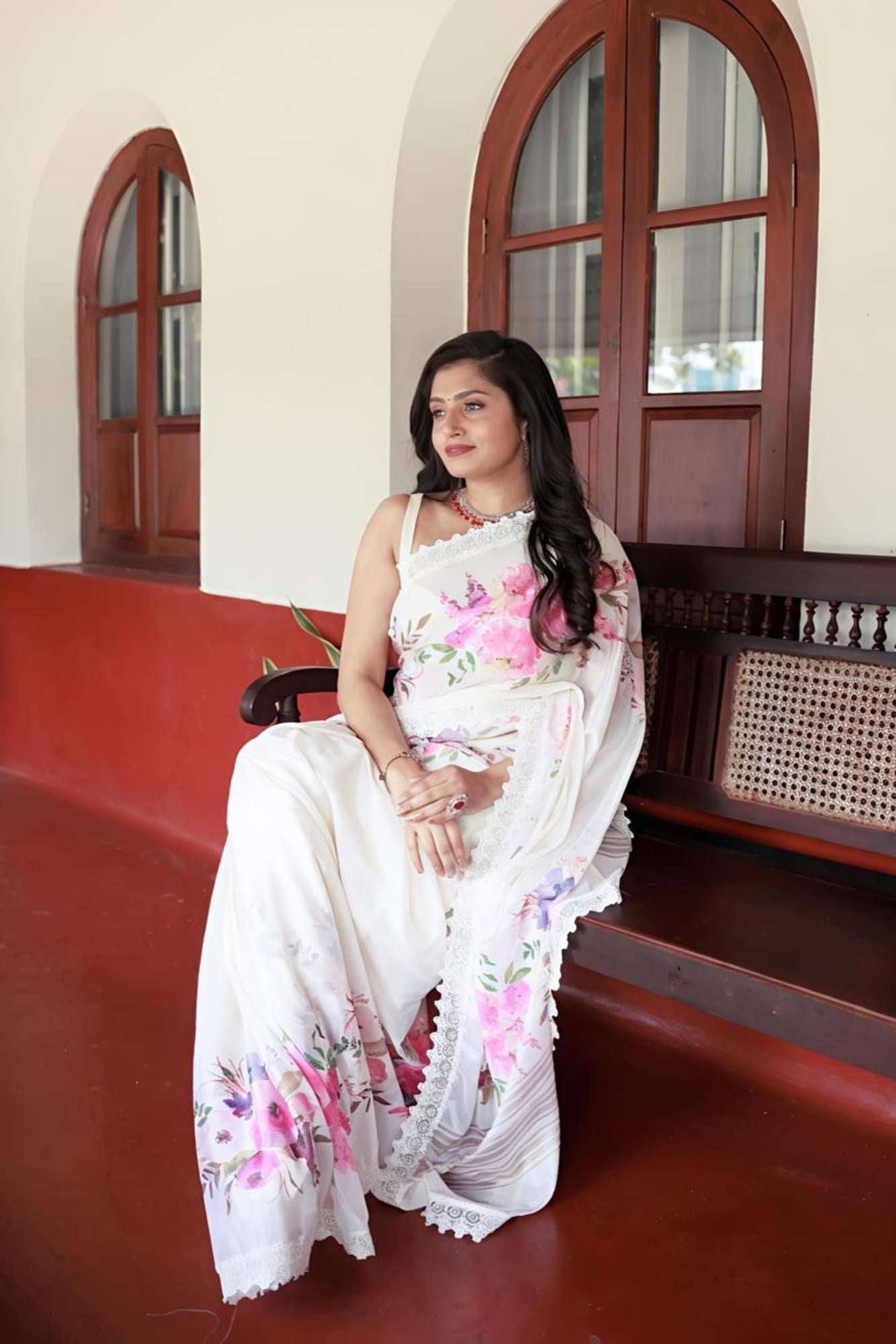 Marshmallow with Allover Floral Print & Ciply Lace Malai Georgette Ready To Wear Saree