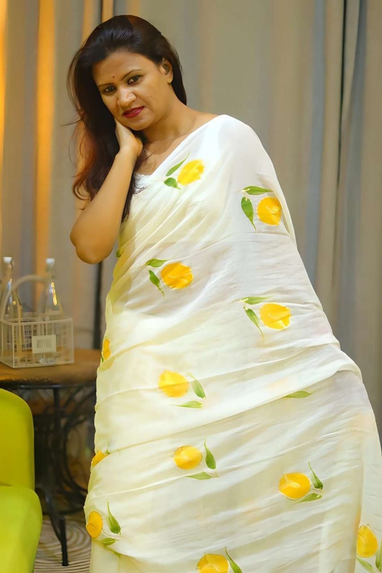 Khadi Cotton with Hand-Paint Inspired print Yellow Floral Motifs Ready To Wear Saree