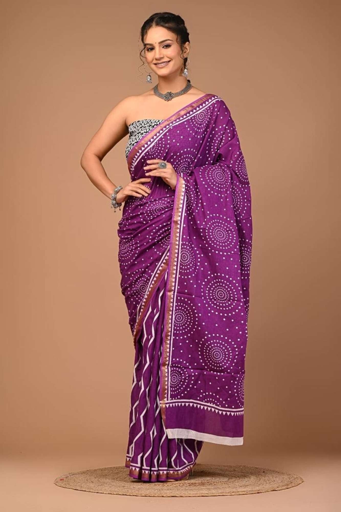 Cotton Jaipuri Printed Purple with Zari Border