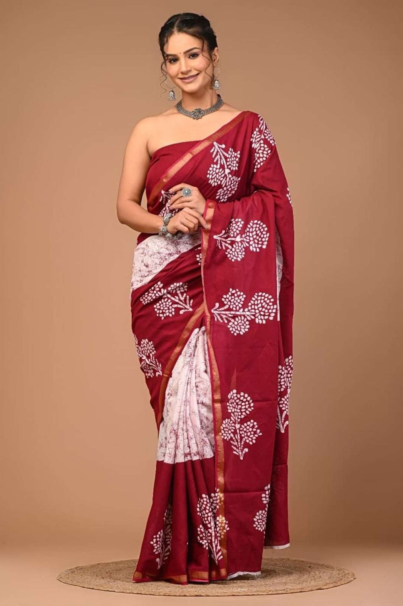 Cotton Hand Block Printed in Maroon and White Ready To Wear Saree