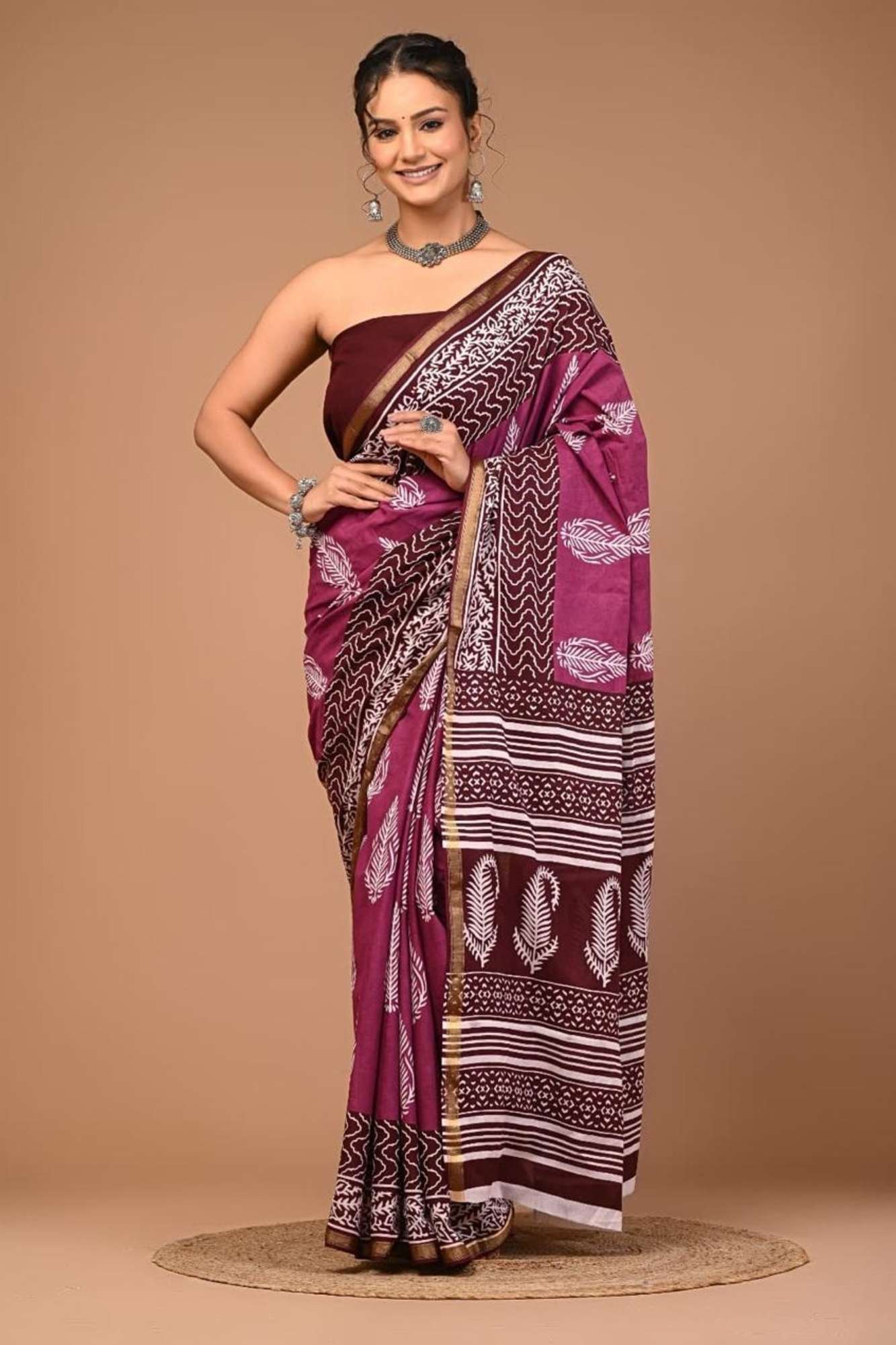 Cotton Jaipuri Printed Zari in Rich Purple with Traditional Motifs Ready To Wear Saree